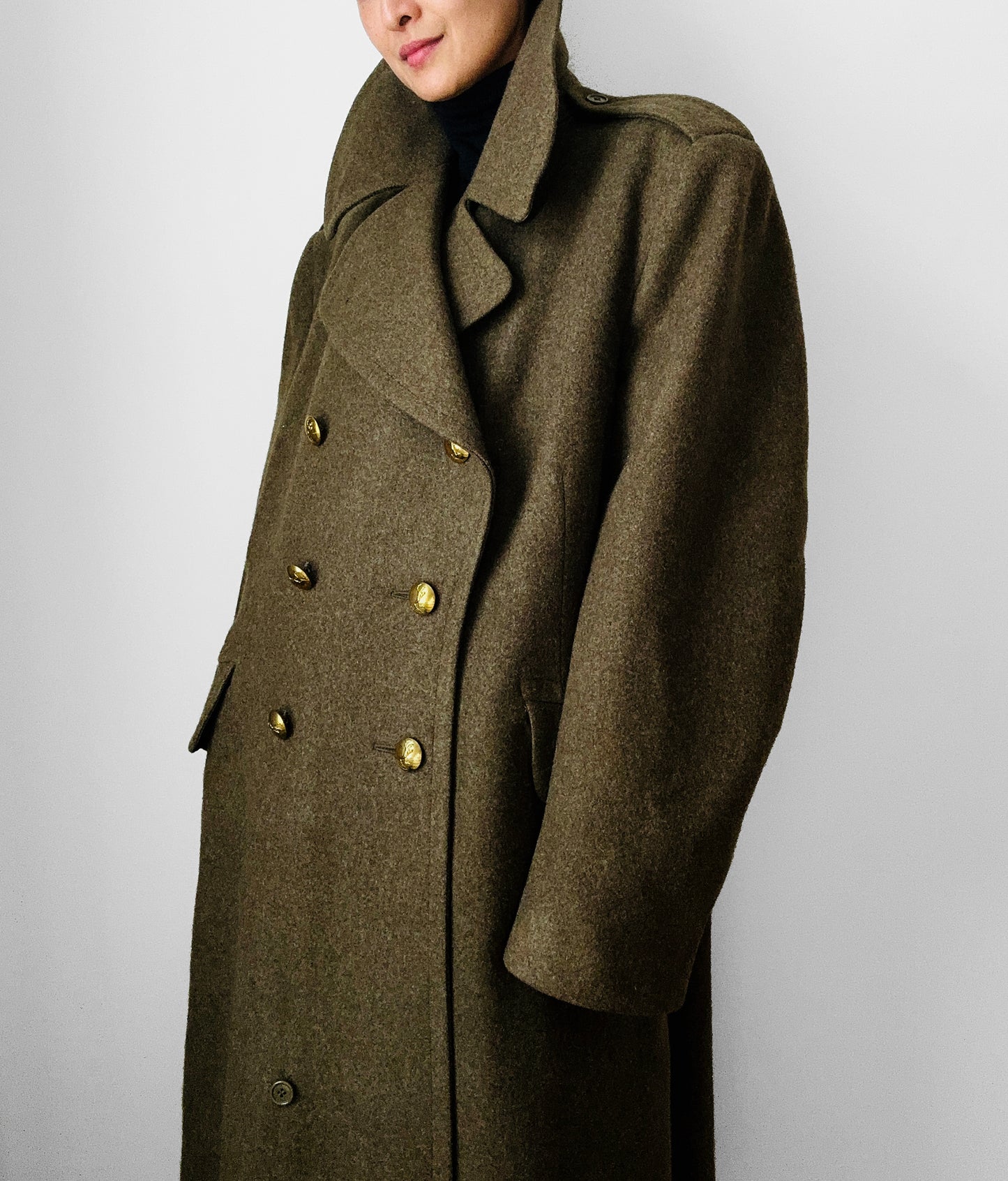 1950s EATON Co. Made in Canada Olive Green Military Quilted Heavy Double-Breasted Wool Gold Button Coat - Sz. M/L