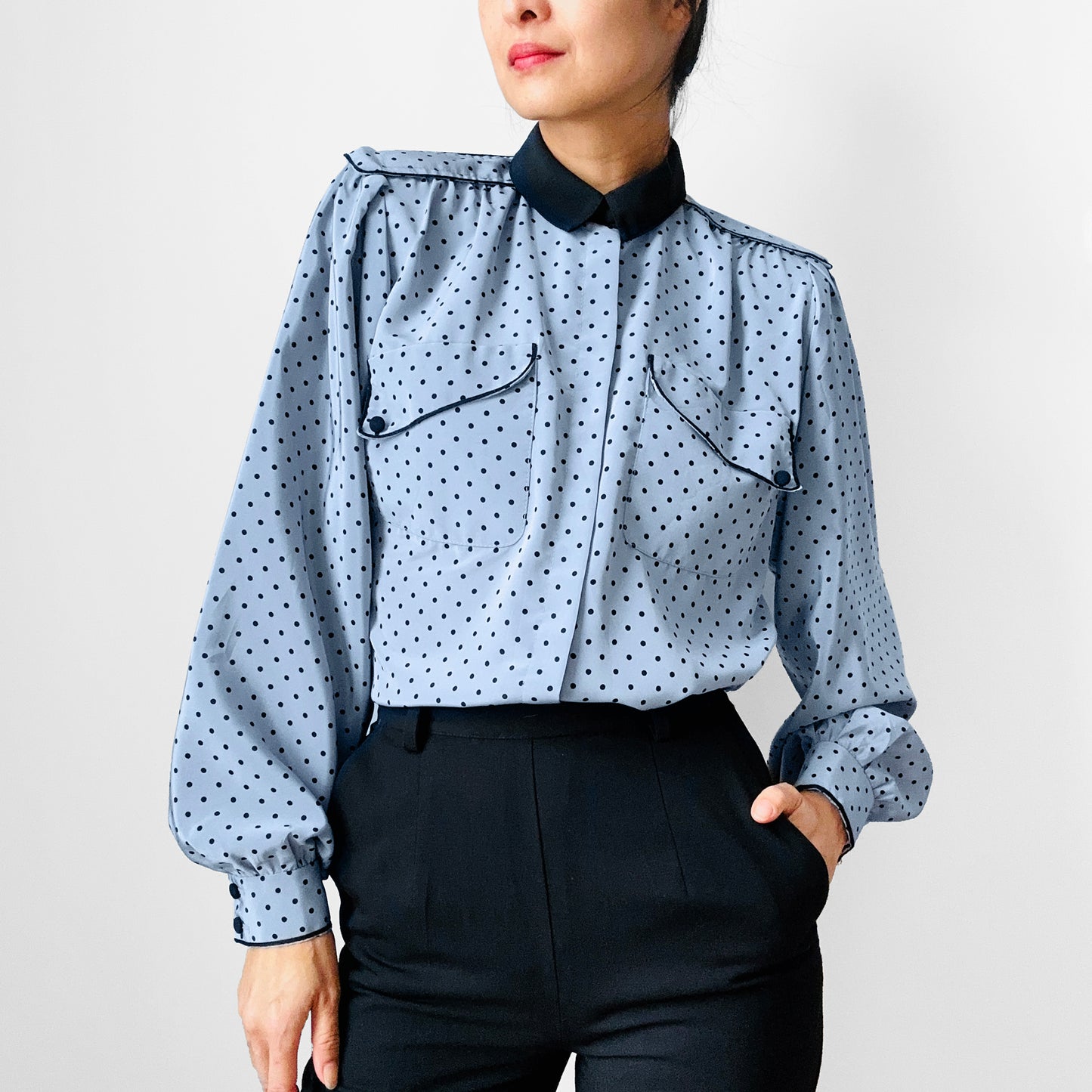 1980s Made in Canada Bluish Grey and Black Trimmed Long Sleeve Polka Dot Blouse - Sz. S