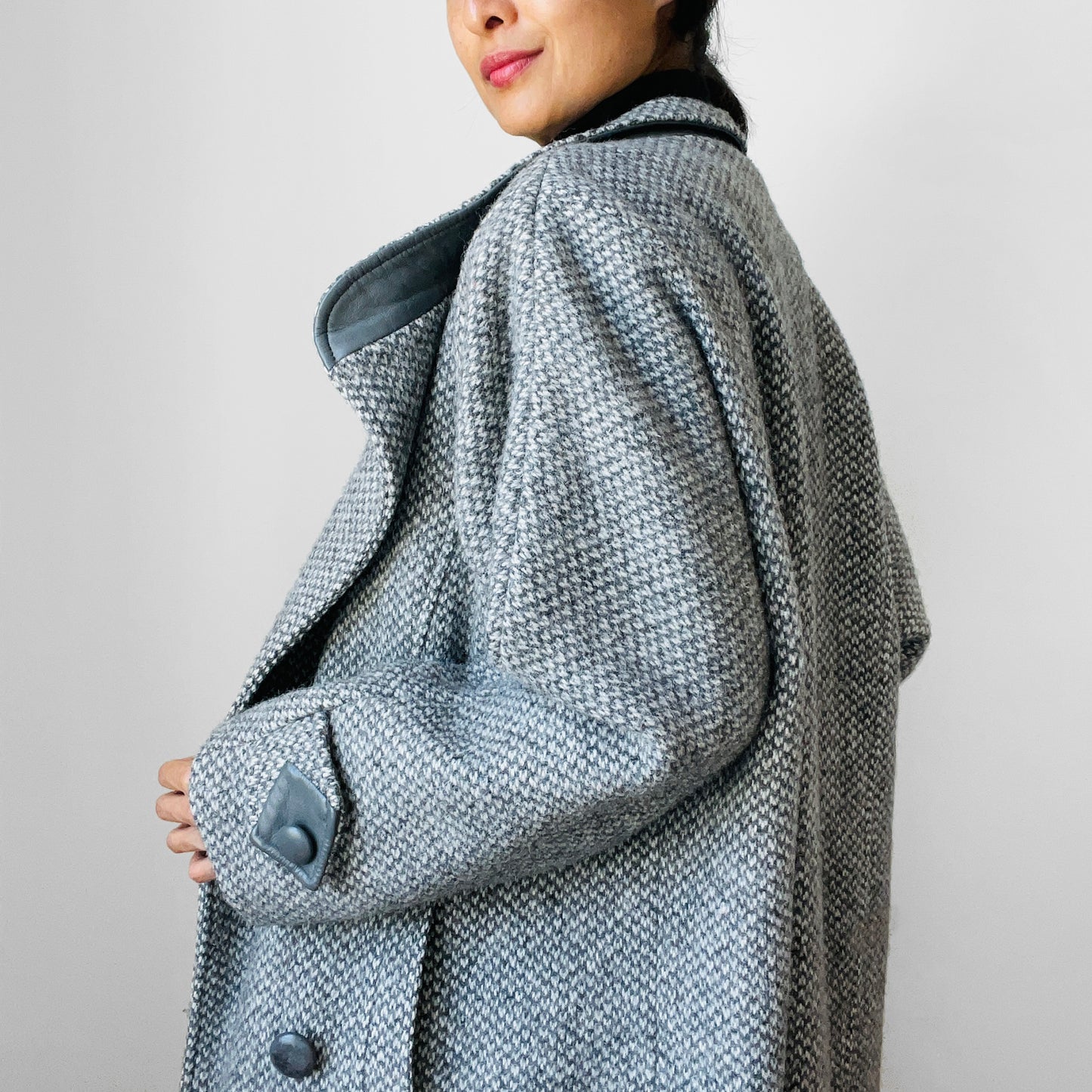 1980s Grey Tweed Wool and Leather Coat