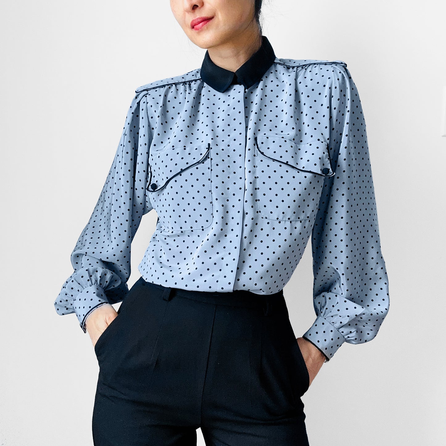 1980s Made in Canada Bluish Grey and Black Trimmed Long Sleeve Polka Dot Blouse - Sz. S