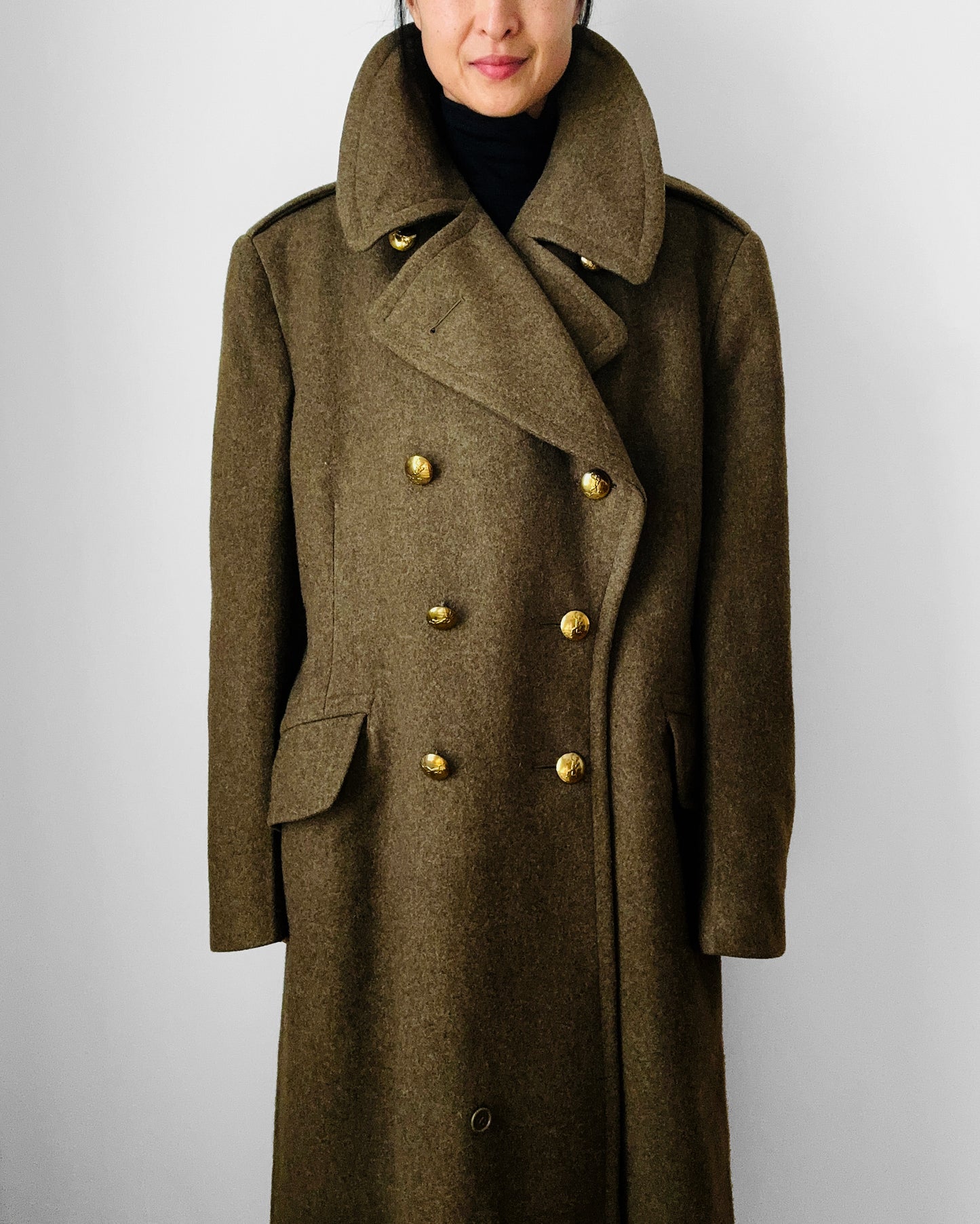 1950s EATON Co. Made in Canada Olive Green Military Quilted Heavy Double-Breasted Wool Gold Button Coat - Sz. M/L