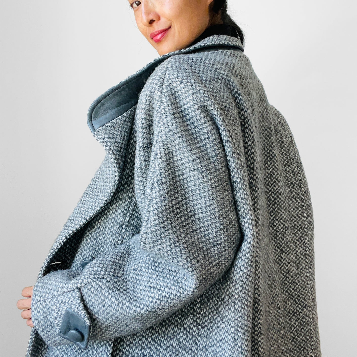 1980s Grey Tweed Wool and Leather Coat