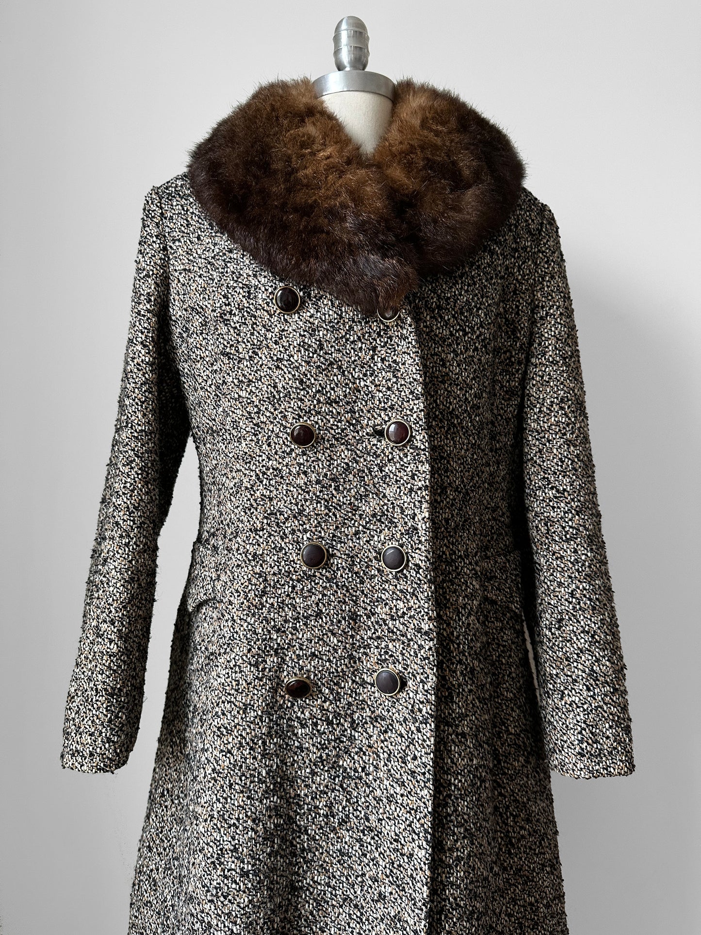 1970s Fur Collar Beige Brown Wool Tweed Double-Breasted Coat - S/M