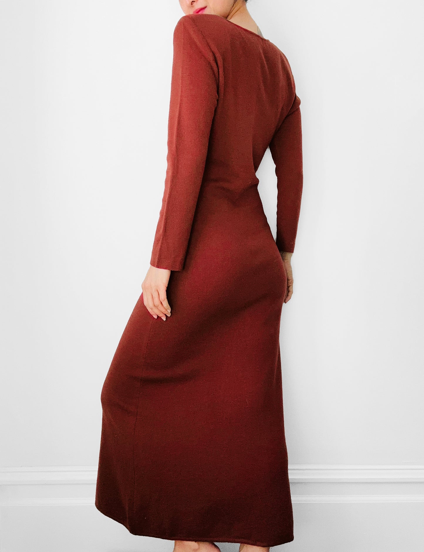 Long Rust Red Winter Weight Form Fitting Soft Wool Dress - Sz.