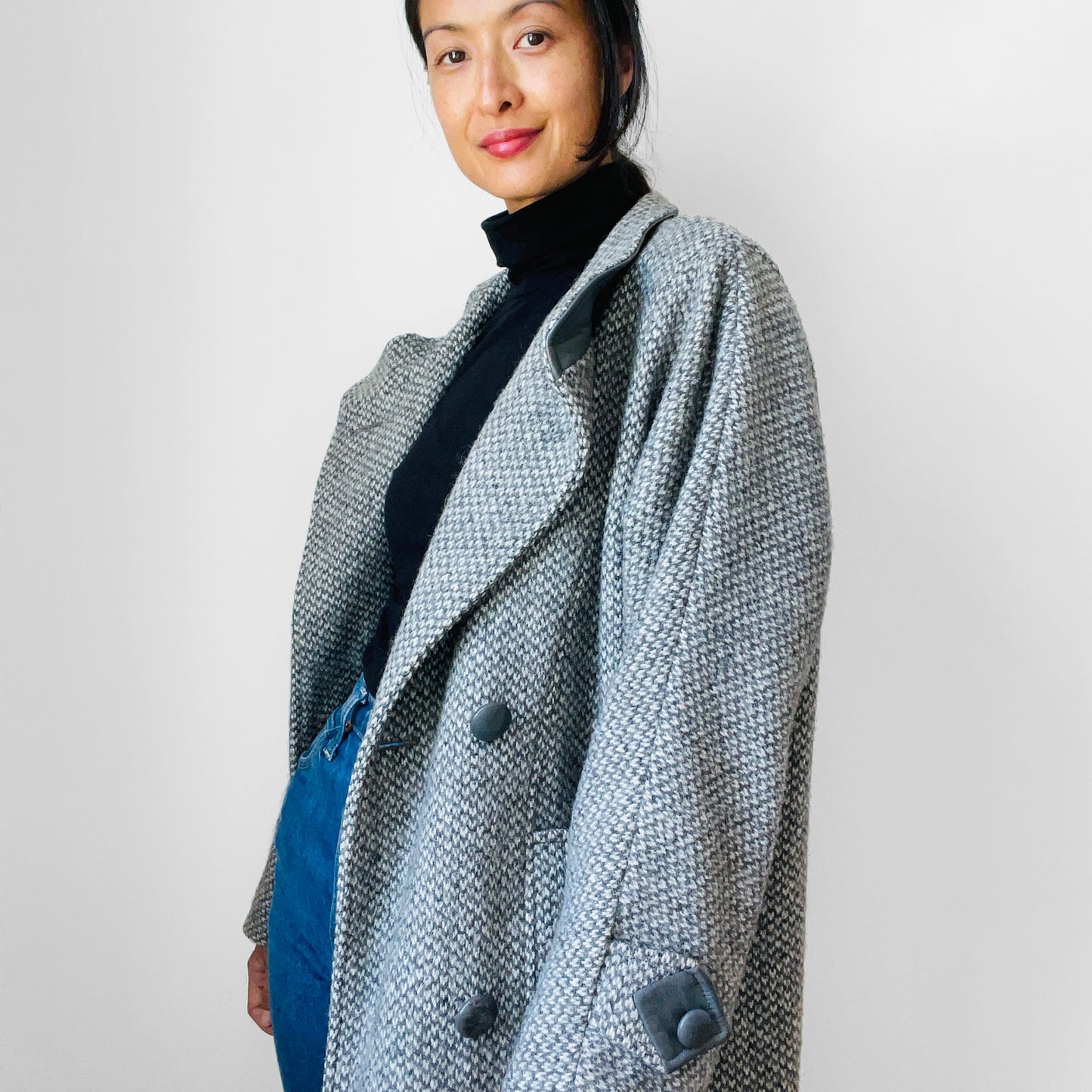 1980s Grey Tweed Wool and Leather Coat