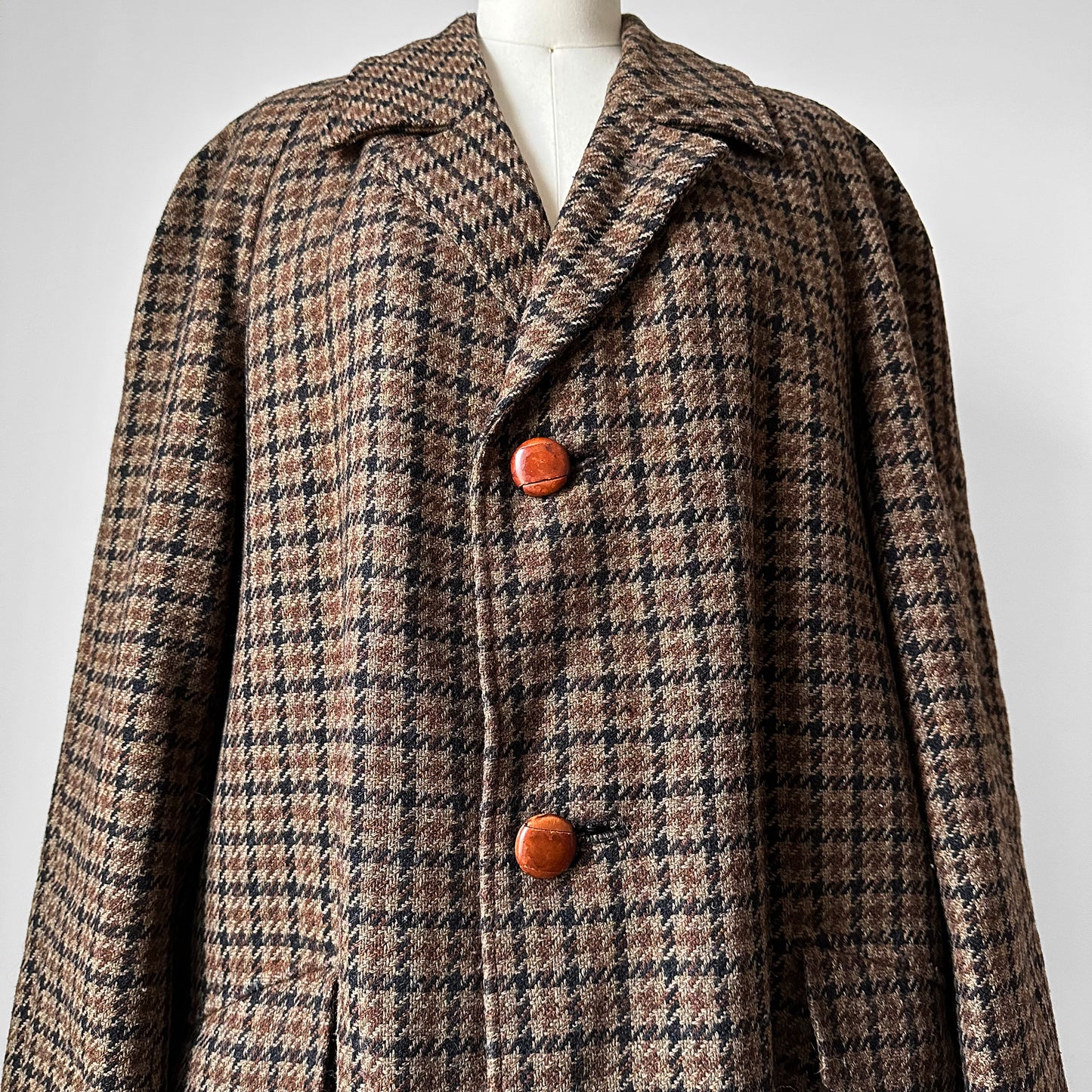 1950s Wool Houndstooth Plaid Double-Breasted Leather Button Jacket