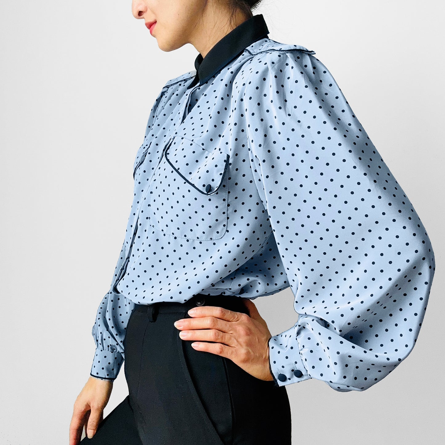 1980s Made in Canada Bluish Grey and Black Trimmed Long Sleeve Polka Dot Blouse - Sz. S