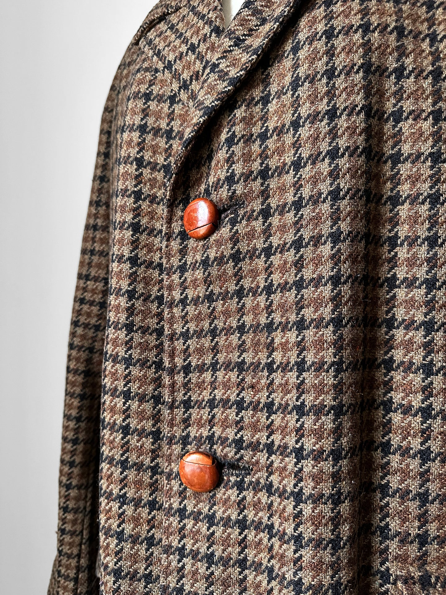 1950s Wool Houndstooth Plaid Double-Breasted Leather Button Jacket