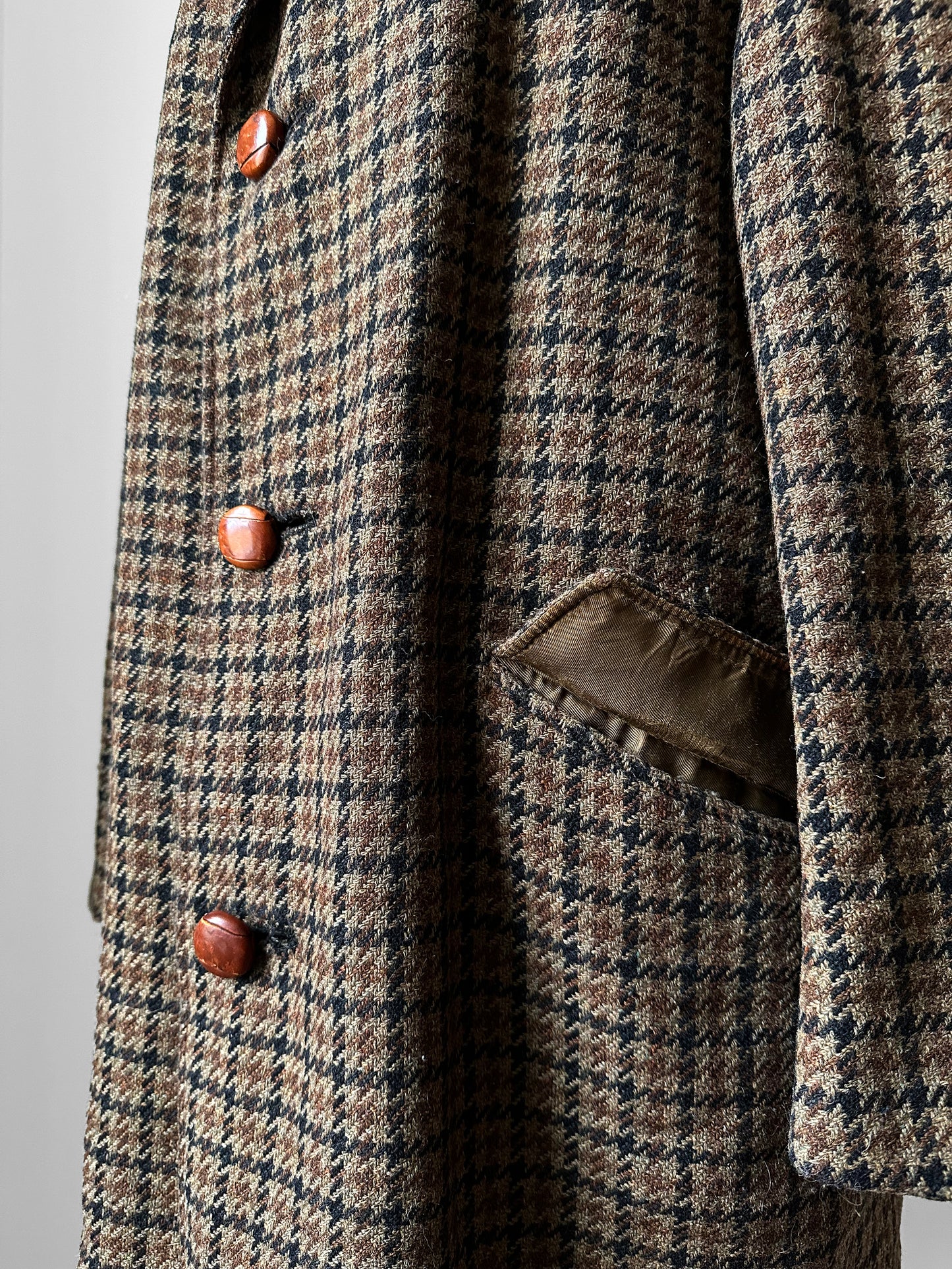 1950s Wool Houndstooth Plaid Double-Breasted Leather Button Jacket