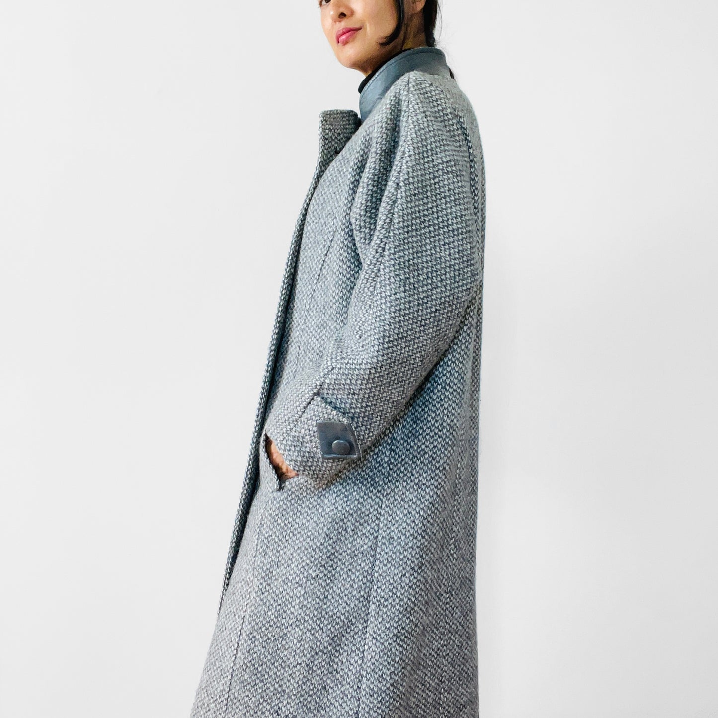 1980s Grey Tweed Wool and Leather Coat