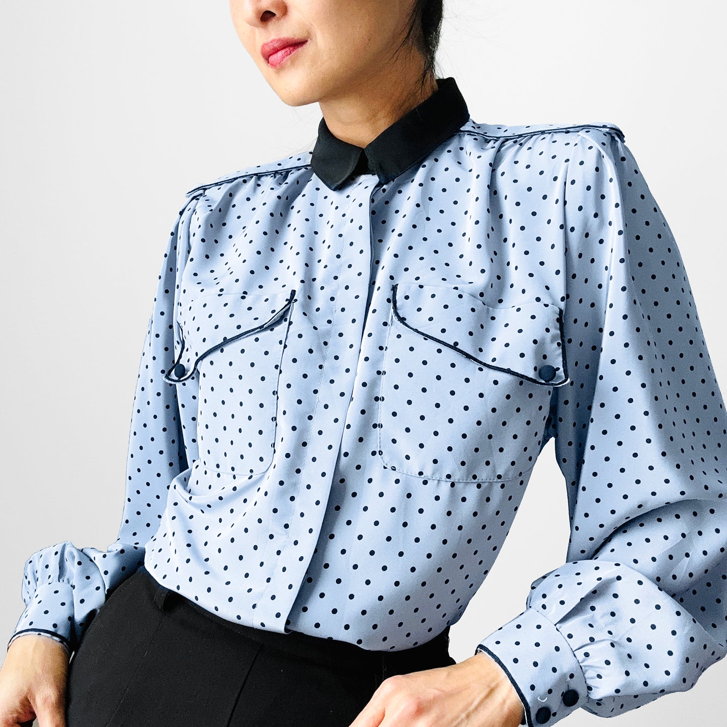 1980s Made in Canada Bluish Grey and Black Trimmed Long Sleeve Polka Dot Blouse - Sz. S