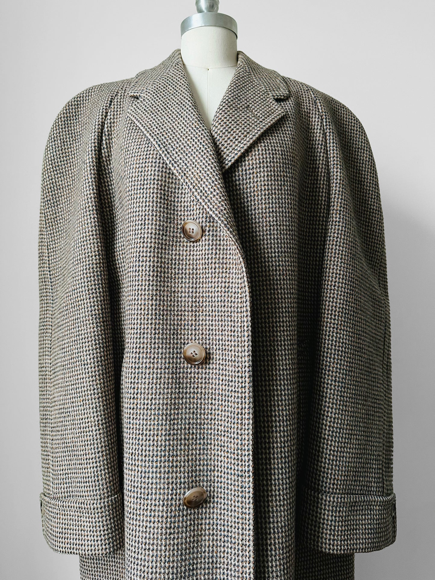 1950s - 1960s Beige Blue Wool Tweed Plaid Lined Overcoat - XL