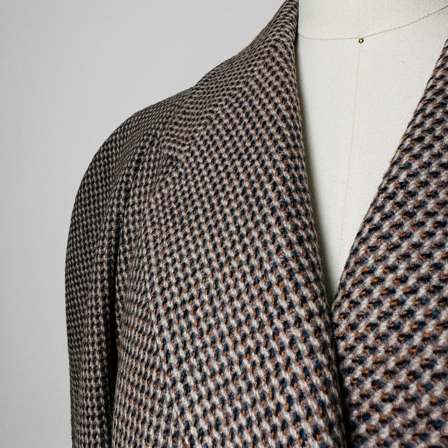 1950s - 1960s Beige Blue Wool Tweed Plaid Lined Overcoat - XL