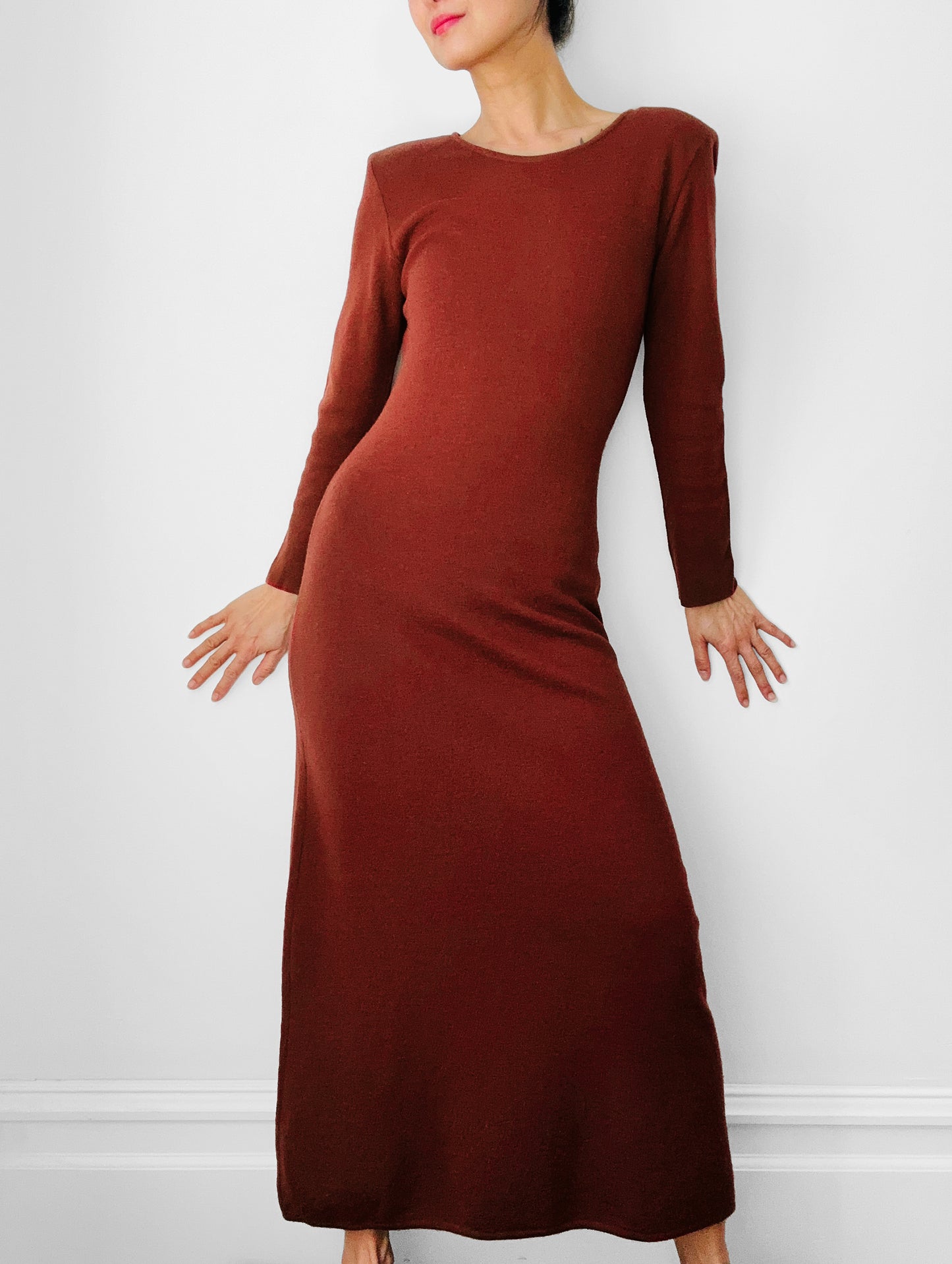 Long Rust Red Winter Weight Form Fitting Soft Wool Dress - Sz.