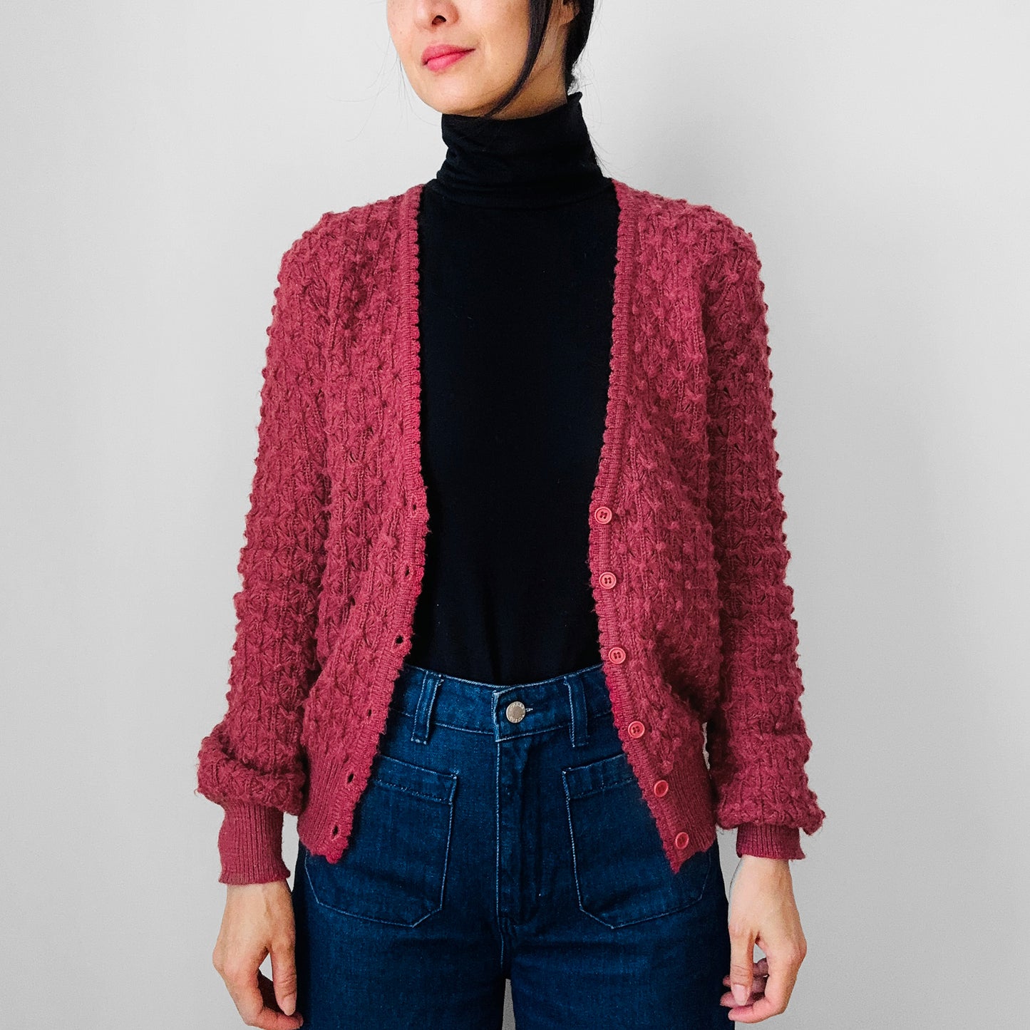 1990s Deep Rose Pink Blended Wool Bobble-Knit Fitted Cardigan Sweater