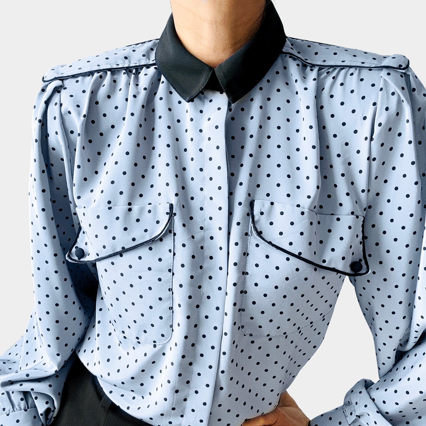 1980s Made in Canada Bluish Grey and Black Trimmed Long Sleeve Polka Dot Blouse - Sz. S