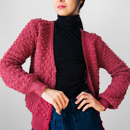 1990s Deep Rose Pink Blended Wool Bobble-Knit Fitted Cardigan Sweater