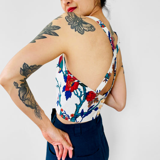 Upcycled Made-By-Me Vintage Handmade Botanical Birds Patterned Button-Back Corset Style Top