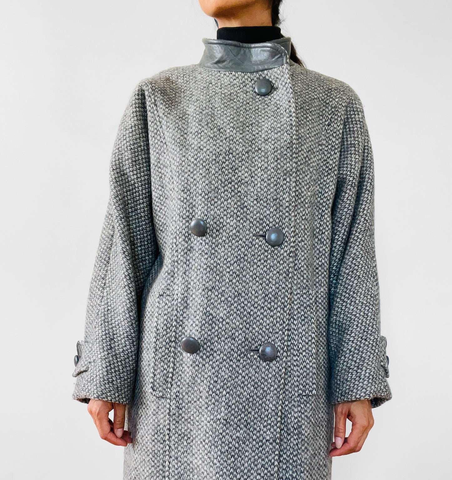 1980s Grey Tweed Wool and Leather Coat