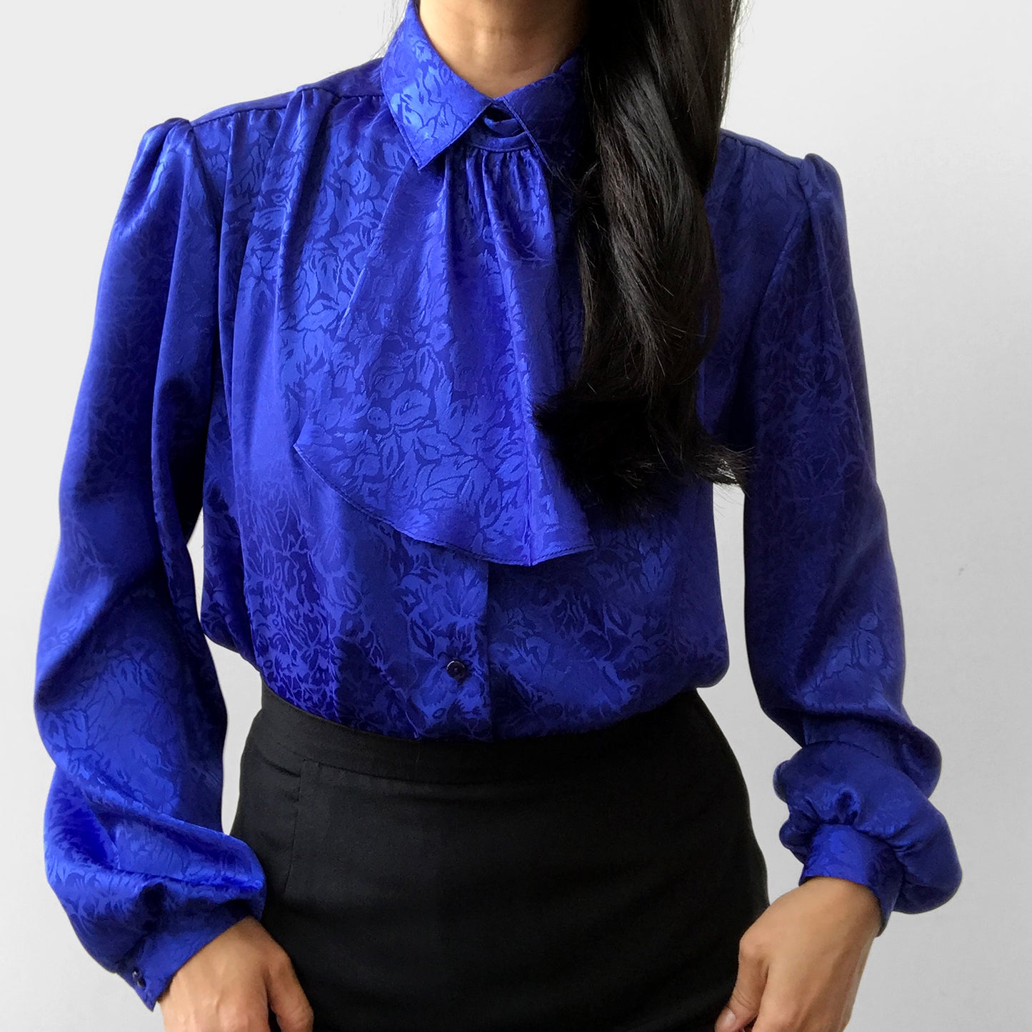 1980s Indigo Blue Ruffled Neck Tone-On-Tone Floral Blouse