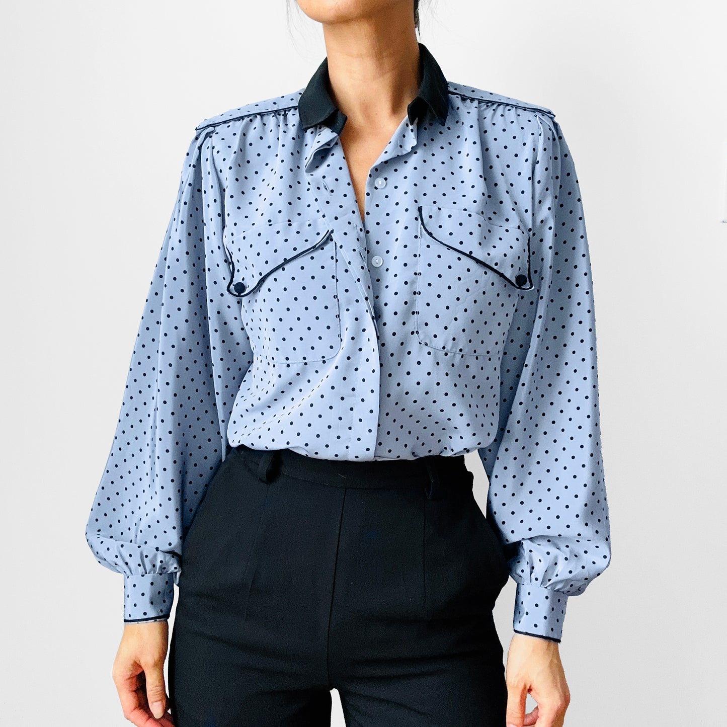 1980s Made in Canada Bluish Grey and Black Trimmed Long Sleeve Polka Dot Blouse - Sz. S