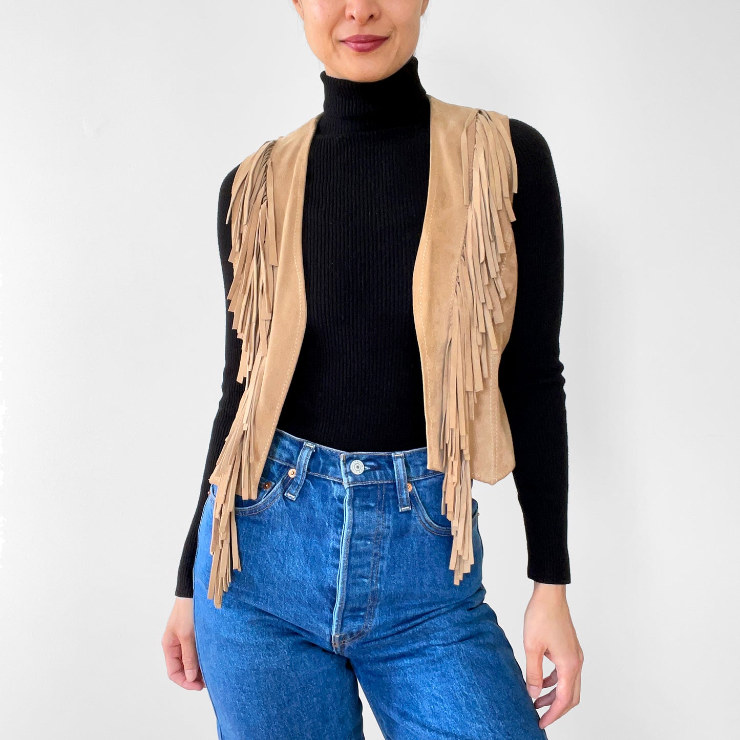 1970s Tan Suede Leather Fringe Fitted Open Front Vest