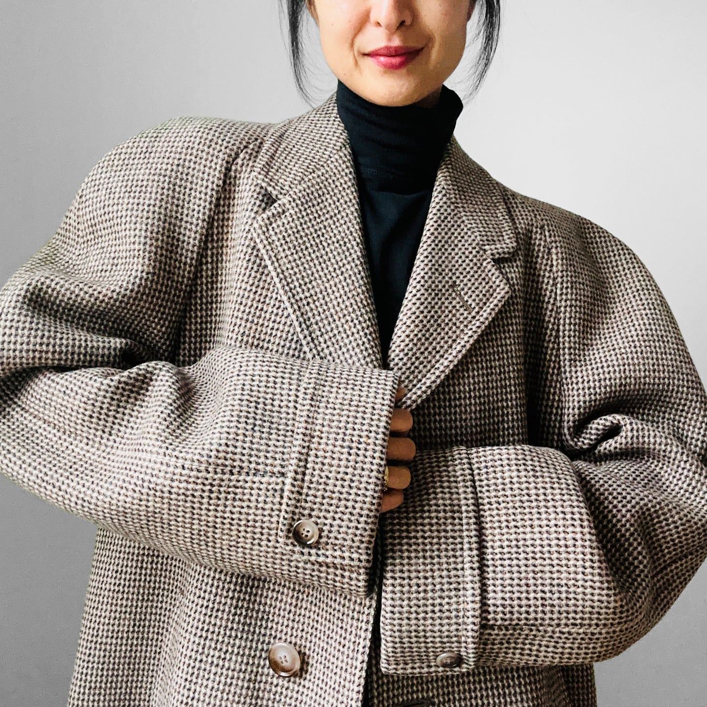 1950s - 1960s Beige Blue Wool Tweed Plaid Lined Overcoat - XL