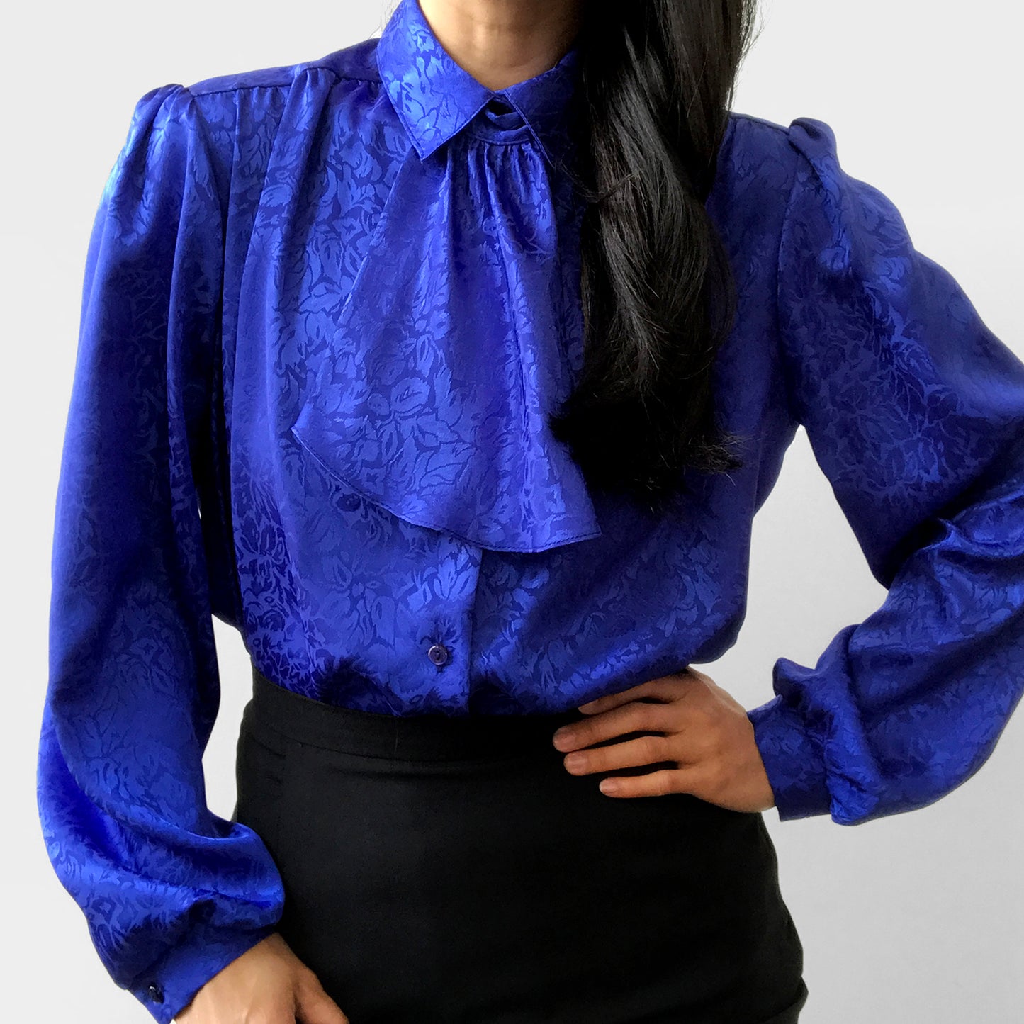 1980s Indigo Blue Ruffled Neck Tone-On-Tone Floral Blouse