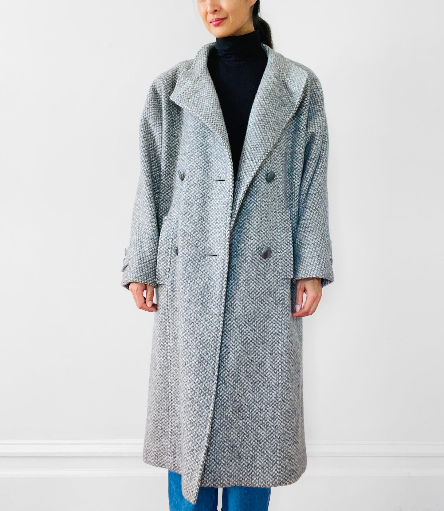 1980s Grey Tweed Wool and Leather Coat