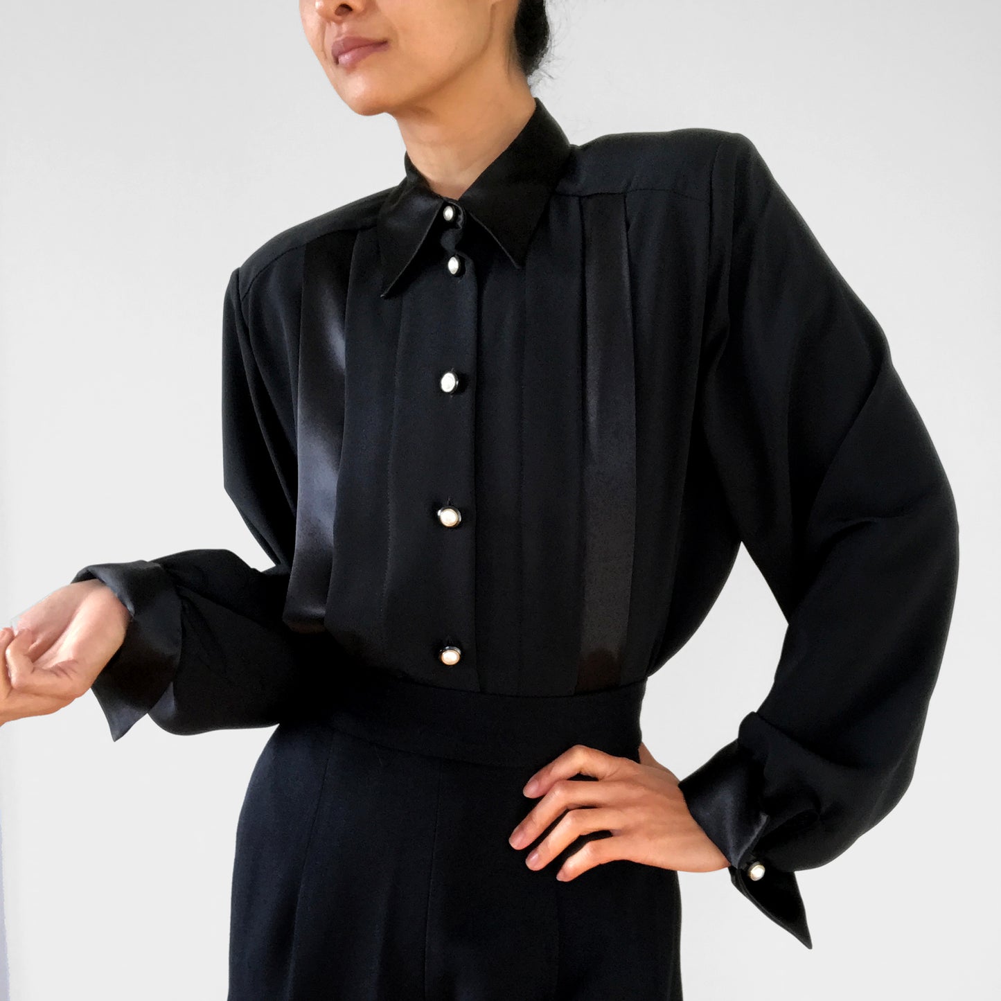 1980s - 1990s Black Tone-On-Tone Stripe Collared Button-Front Blouse