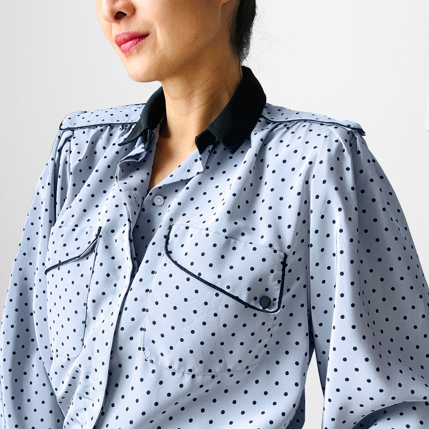 1980s Made in Canada Bluish Grey and Black Trimmed Long Sleeve Polka Dot Blouse - Sz. S