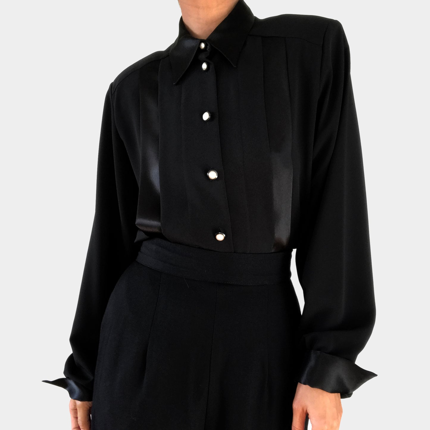 1980s - 1990s Black Tone-On-Tone Stripe Collared Button-Front Blouse