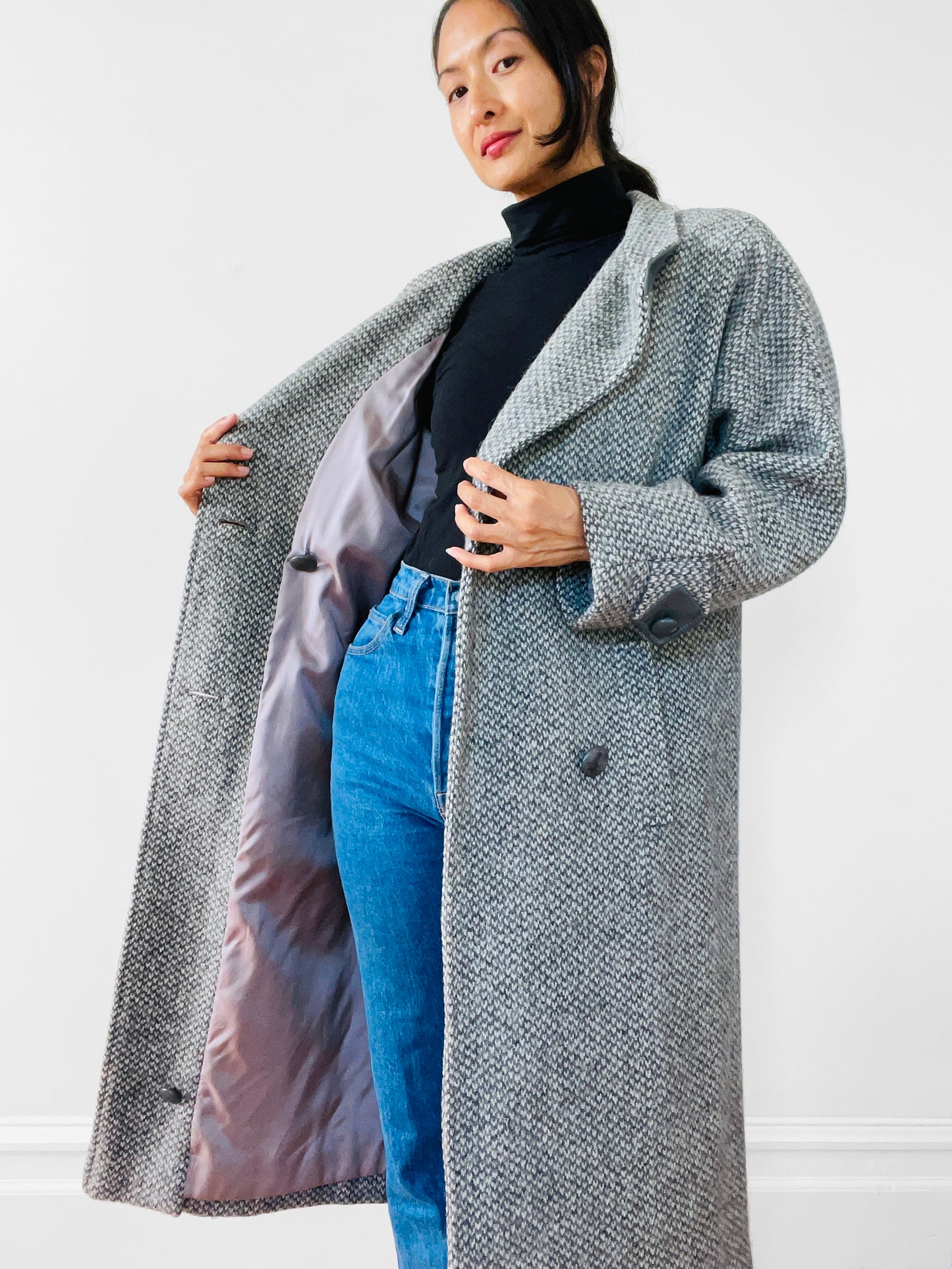 1980s Grey Tweed Wool and Leather Coat