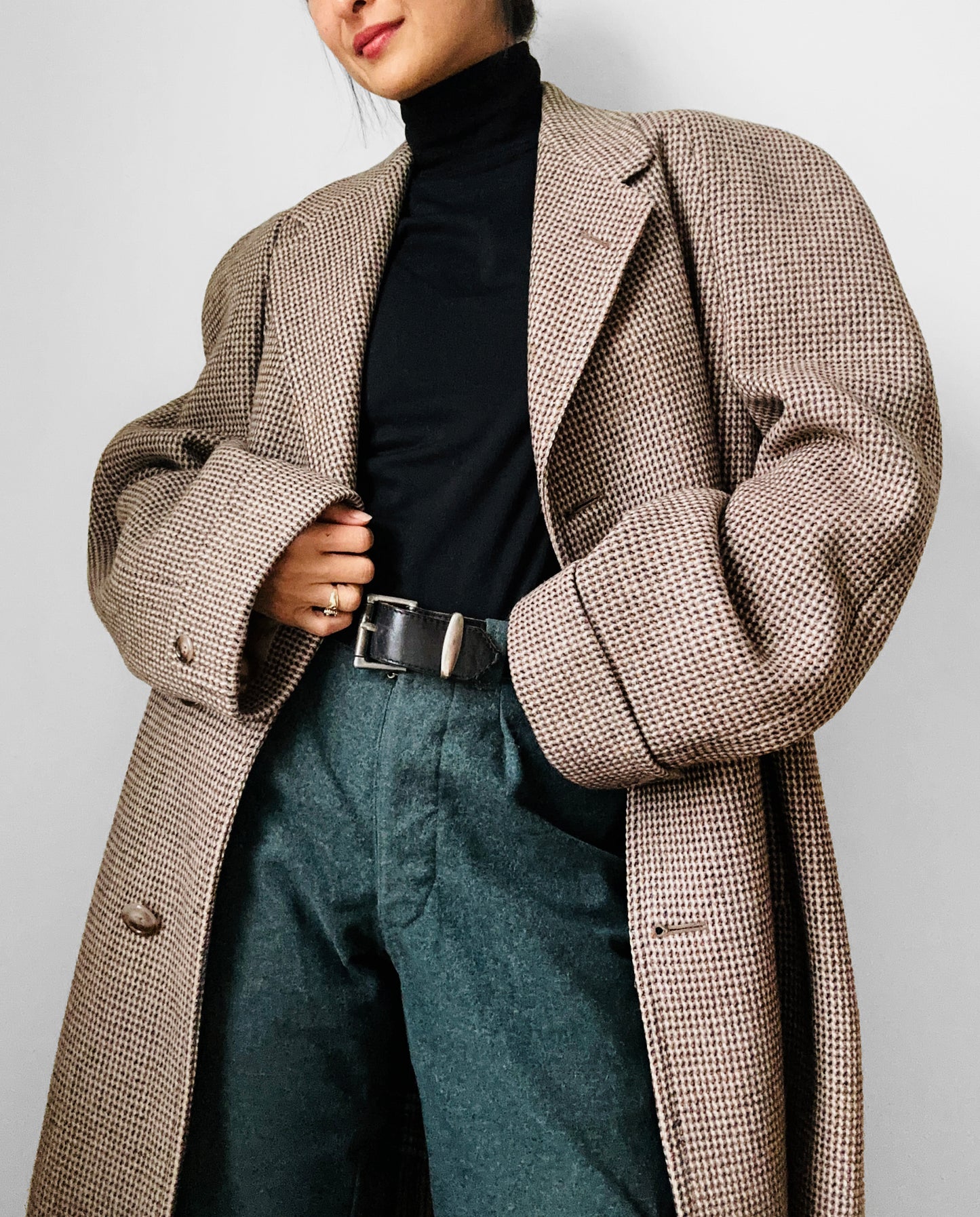 1950s - 1960s Beige Blue Wool Tweed Plaid Lined Overcoat - XL