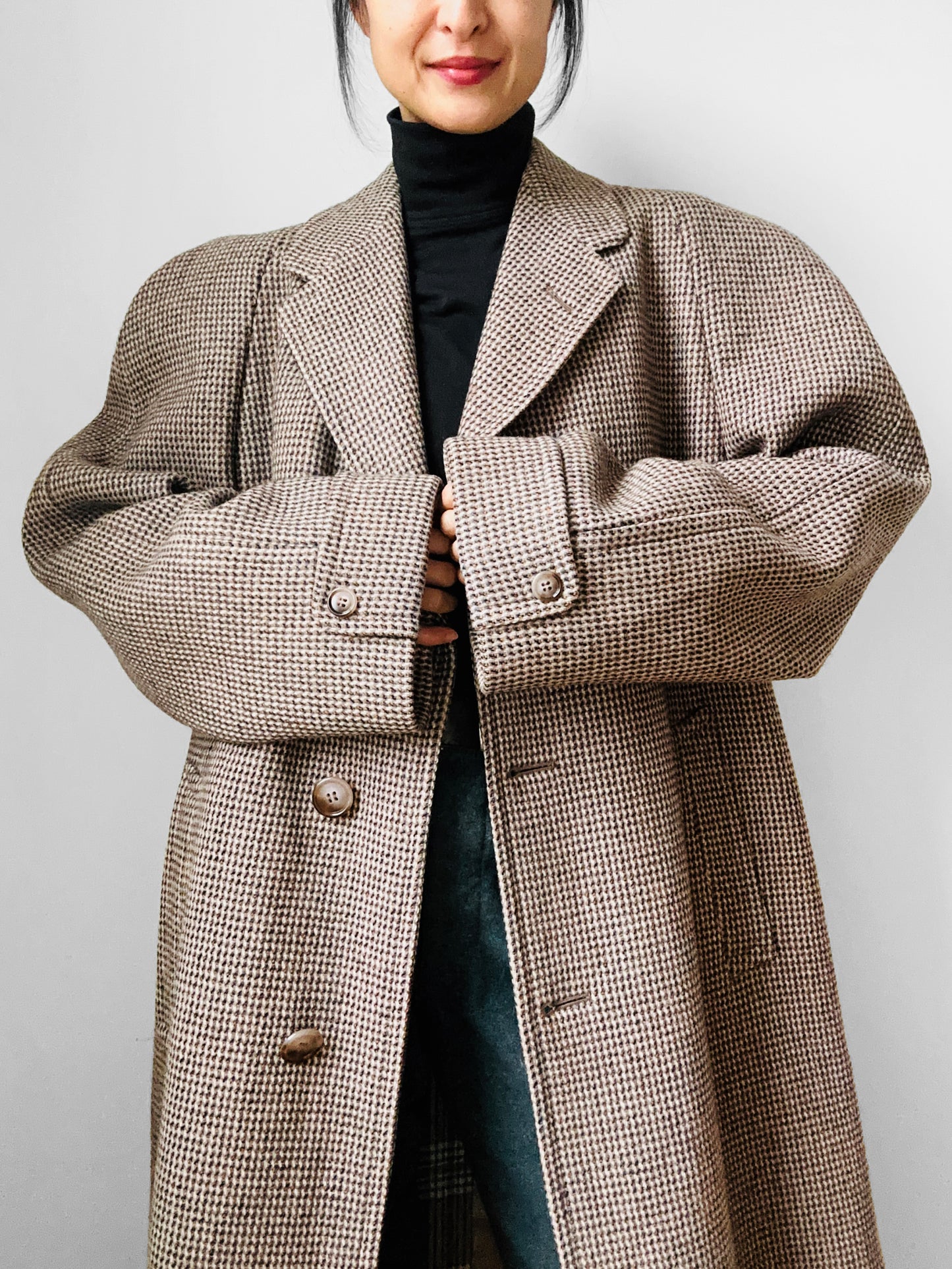 1950s - 1960s Beige Blue Wool Tweed Plaid Lined Overcoat - XL