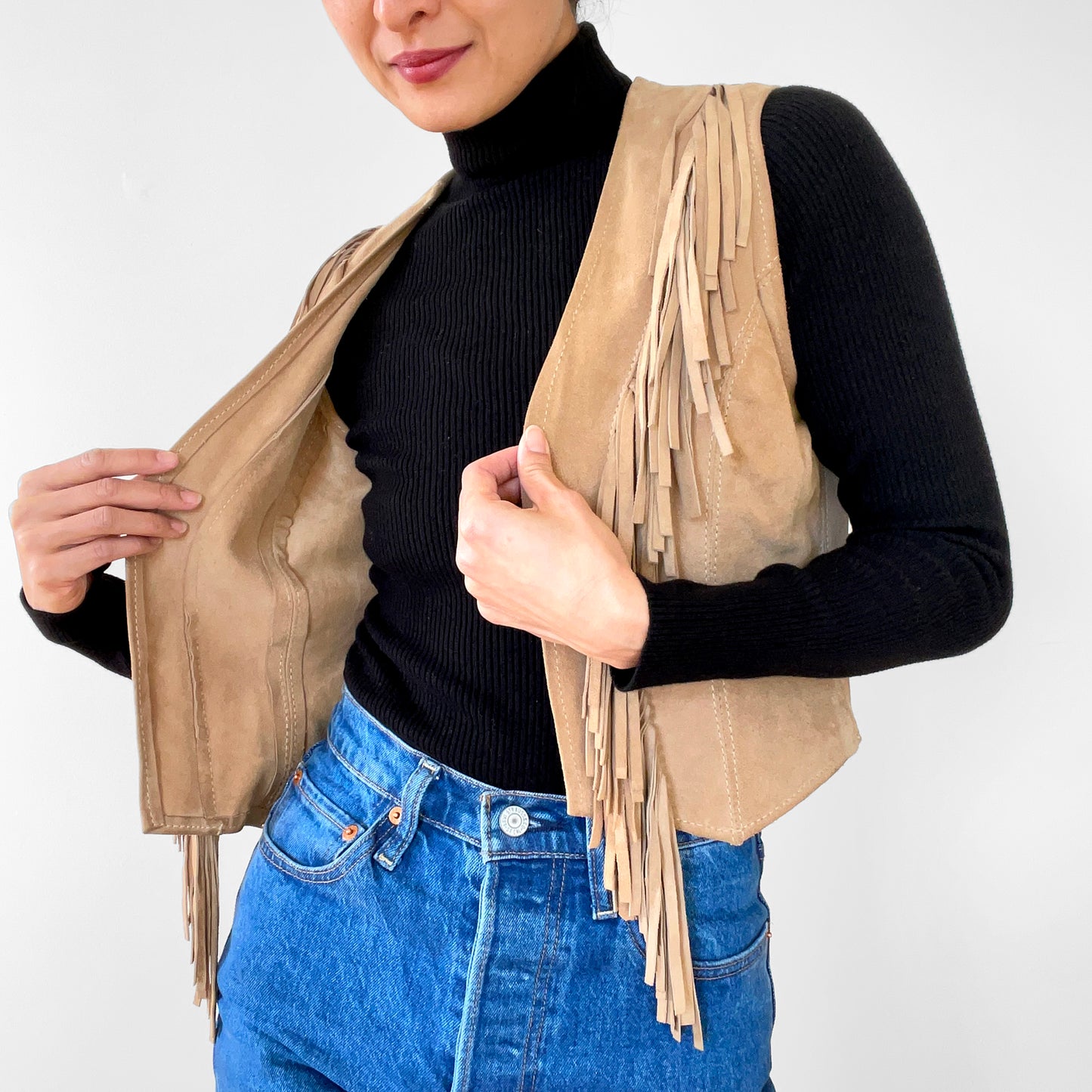 1970s Tan Suede Leather Fringe Fitted Open Front Vest