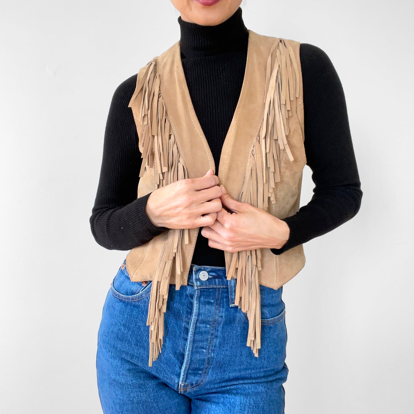 1970s Tan Suede Leather Fringe Fitted Open Front Vest