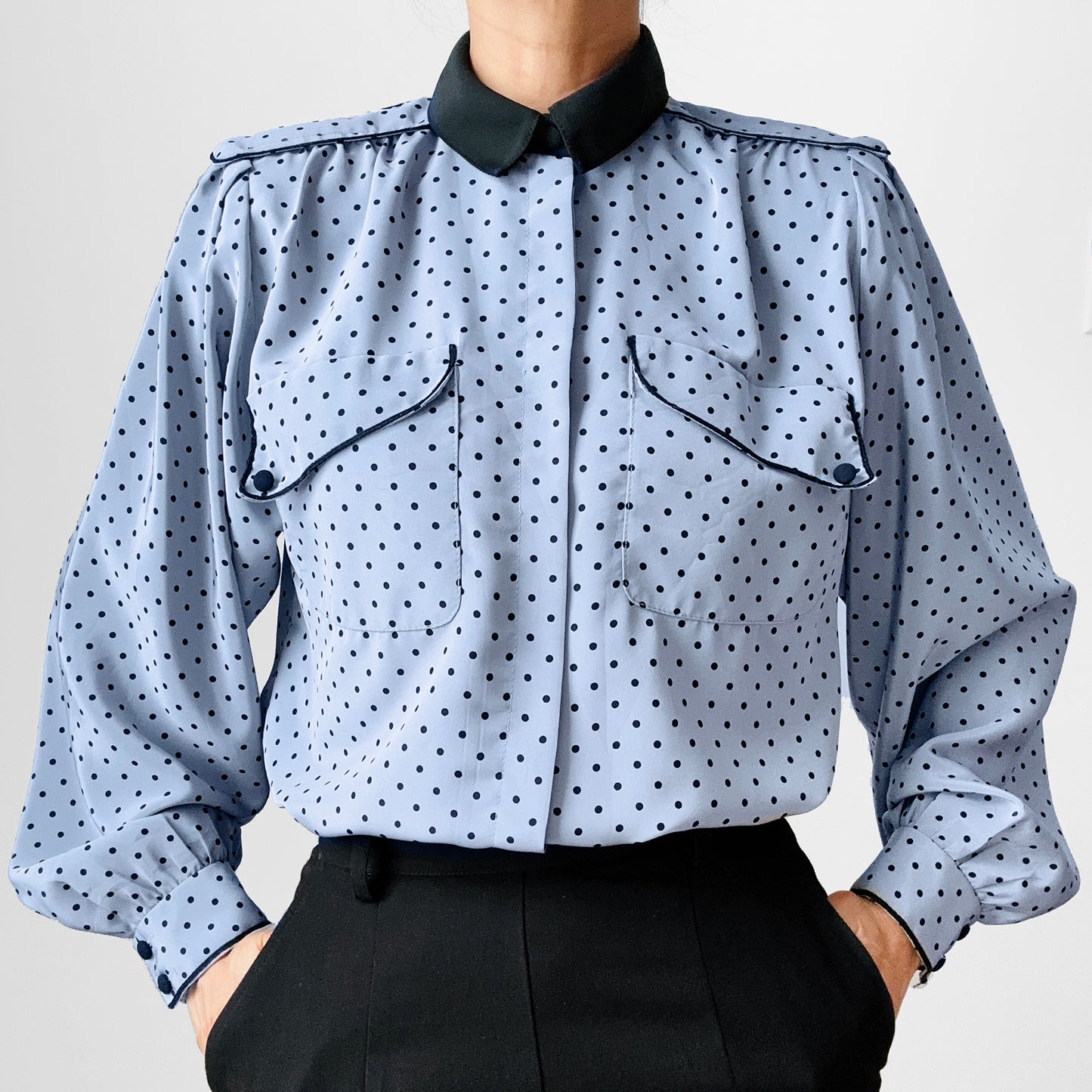 1980s Made in Canada Bluish Grey and Black Trimmed Long Sleeve Polka Dot Blouse - Sz. S