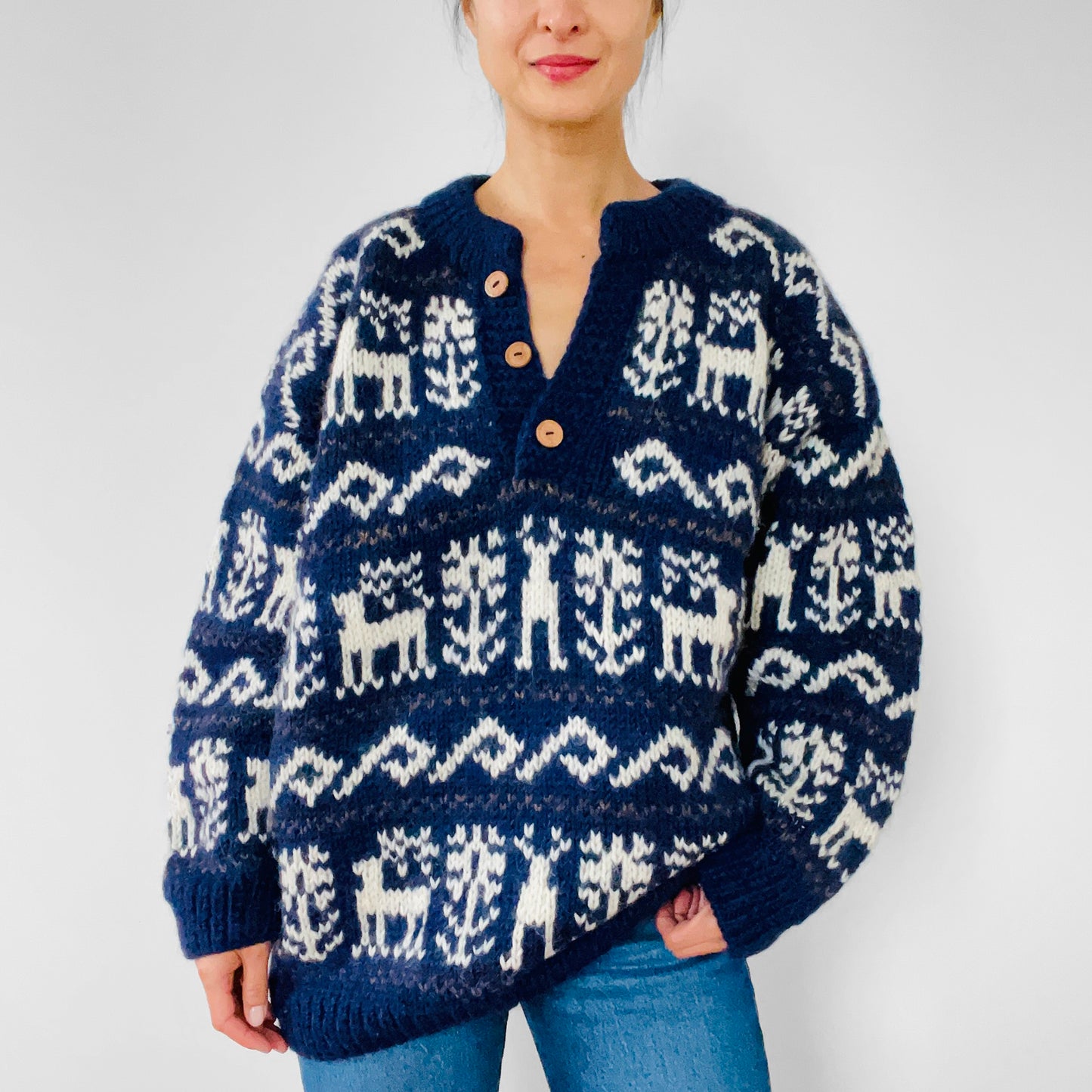 1980s Navy Heavy Wool Handknit Pullover Deer Sweater