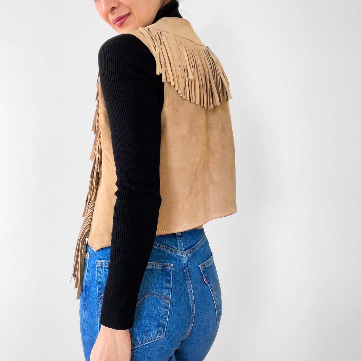 1970s Tan Suede Leather Fringe Fitted Open Front Vest