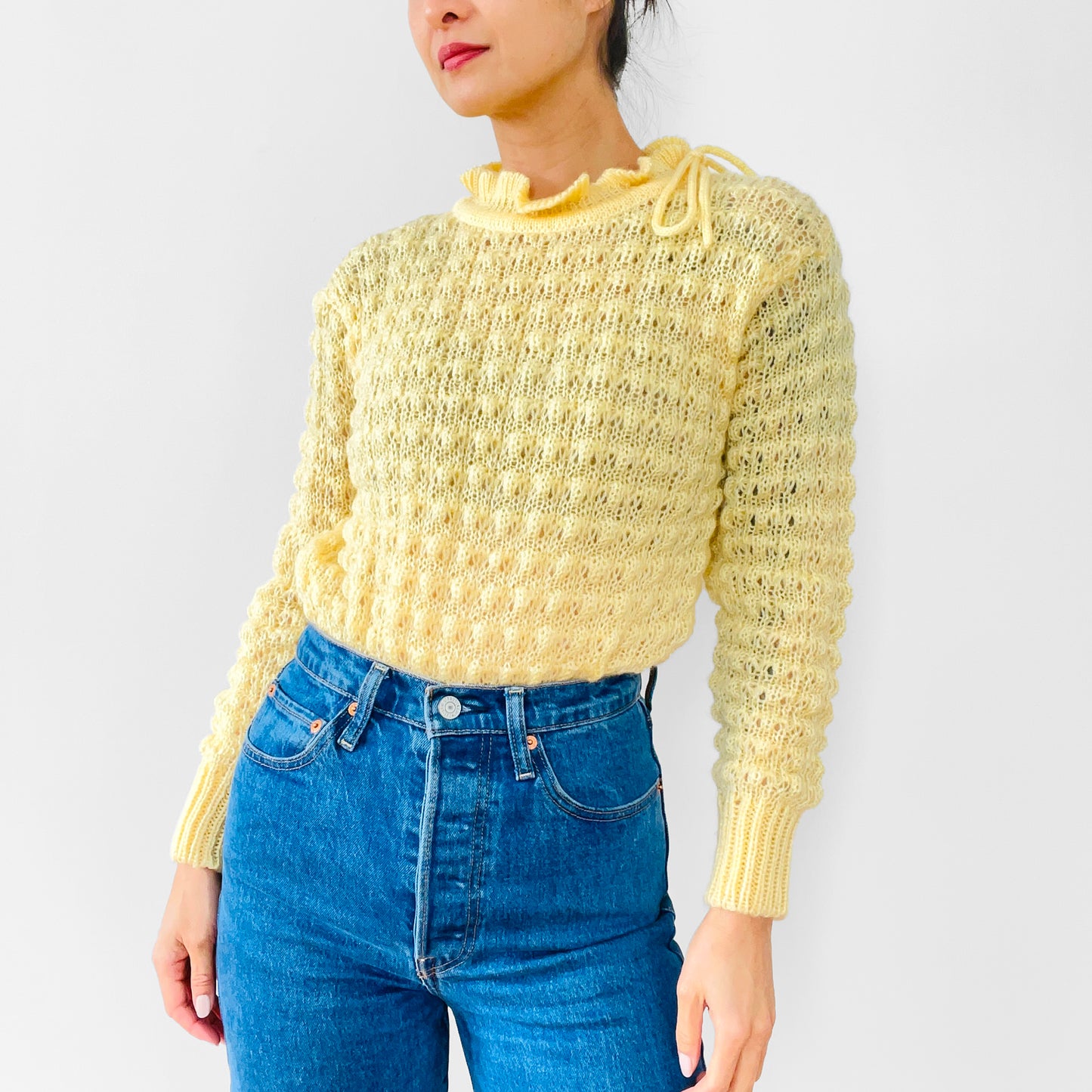 1960s Yellow Tied Ruffle-Neck Hand-Knit Long-Sleeve Pullover Sweater