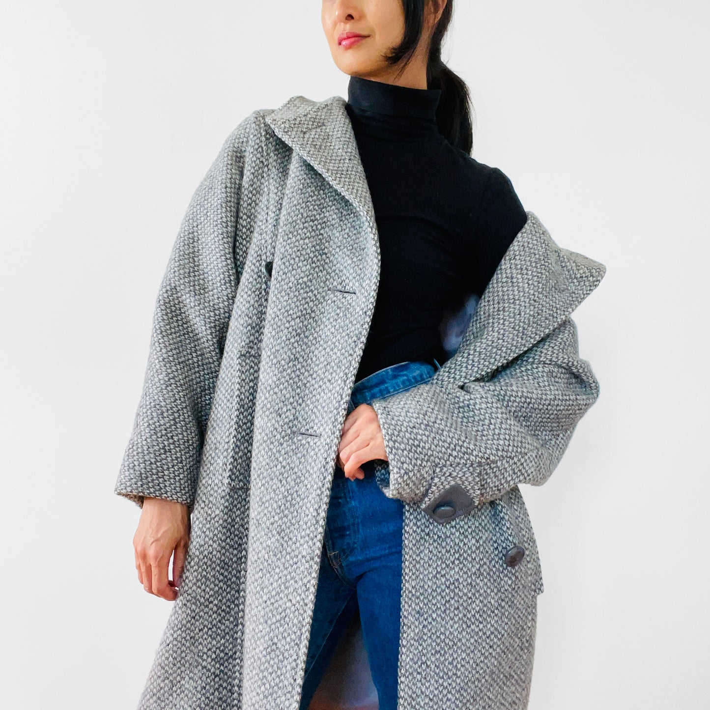 1980s Grey Tweed Wool and Leather Coat