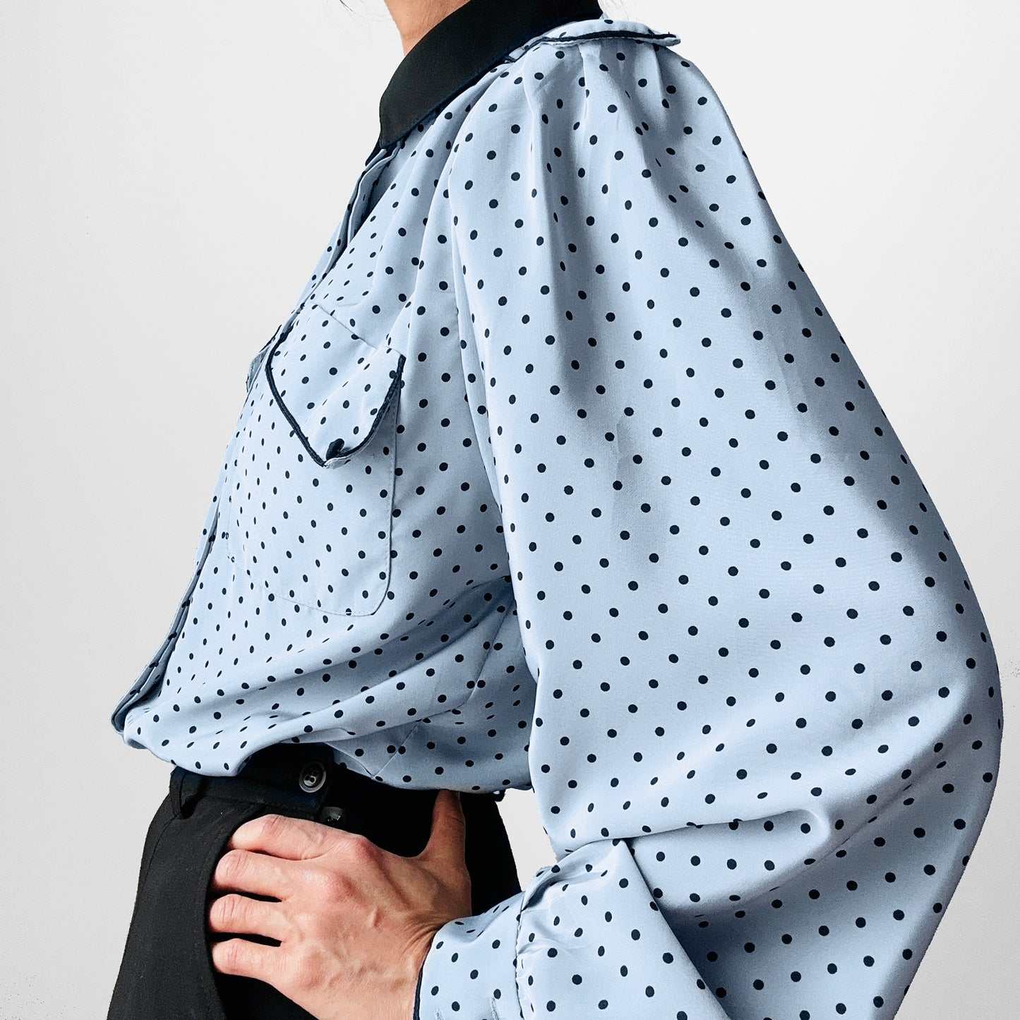 1980s Made in Canada Bluish Grey and Black Trimmed Long Sleeve Polka Dot Blouse - Sz. S