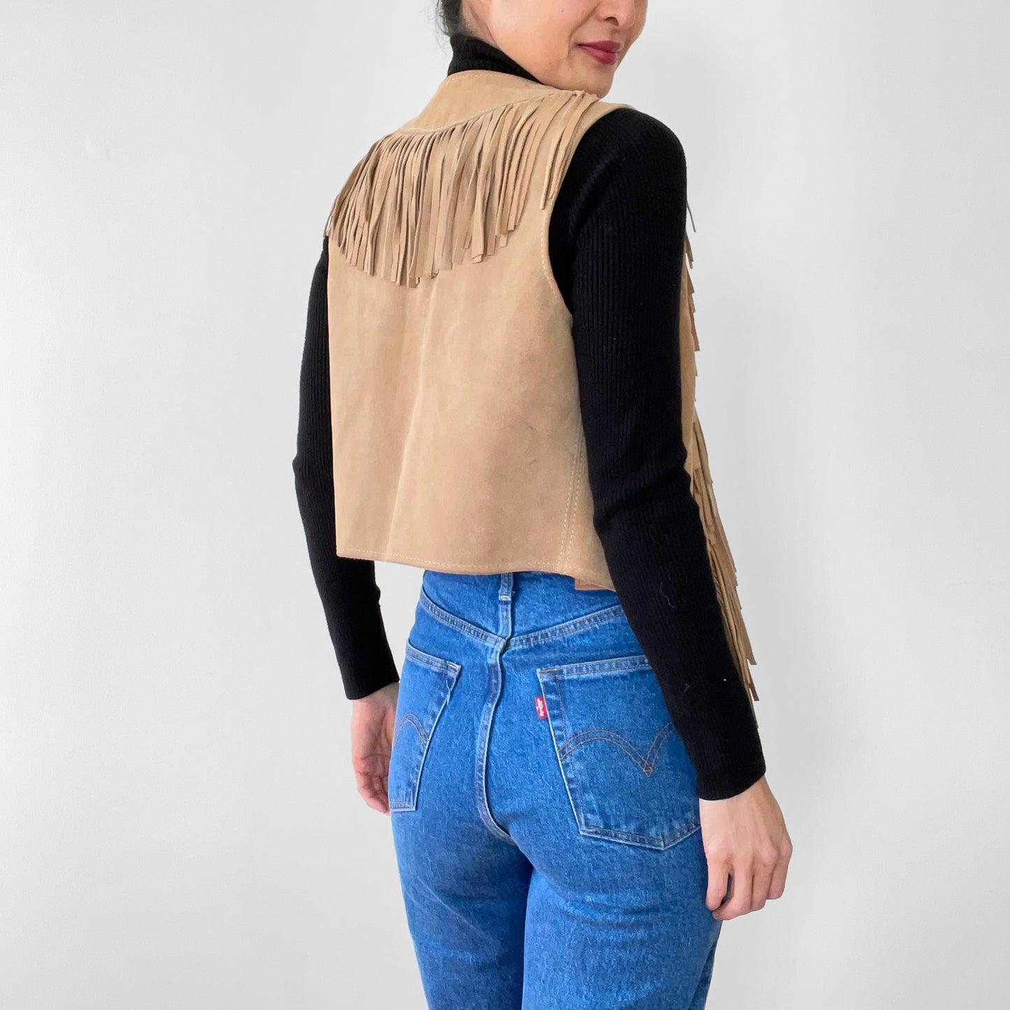 1970s Tan Suede Leather Fringe Fitted Open Front Vest