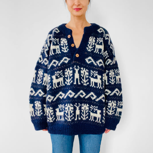 1980s Navy Heavy Wool Handknit Pullover Deer Sweater