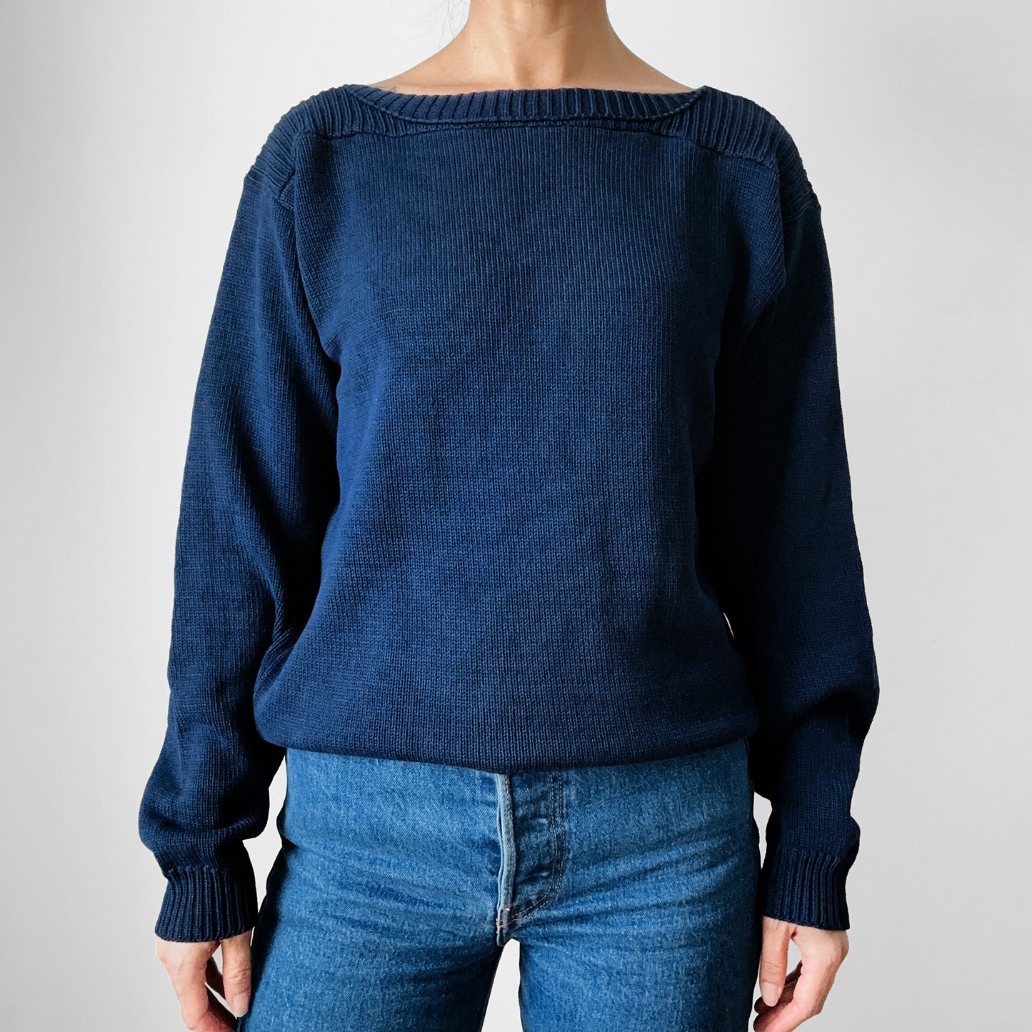 Made in Canada Navy Blue Well-Worn Boat-Neck Military Naval Style Cotton Knit Sweater - Sz. S