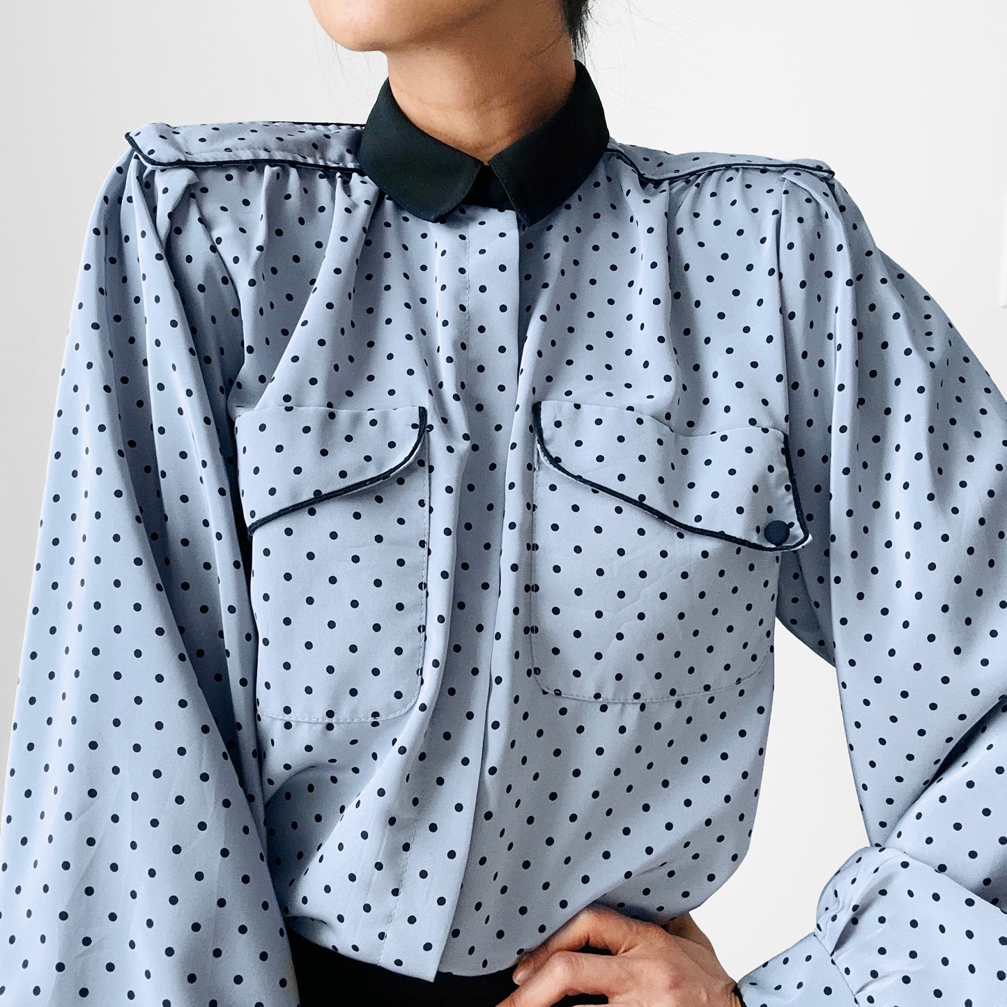 1980s Made in Canada Bluish Grey and Black Trimmed Long Sleeve Polka Dot Blouse - Sz. S