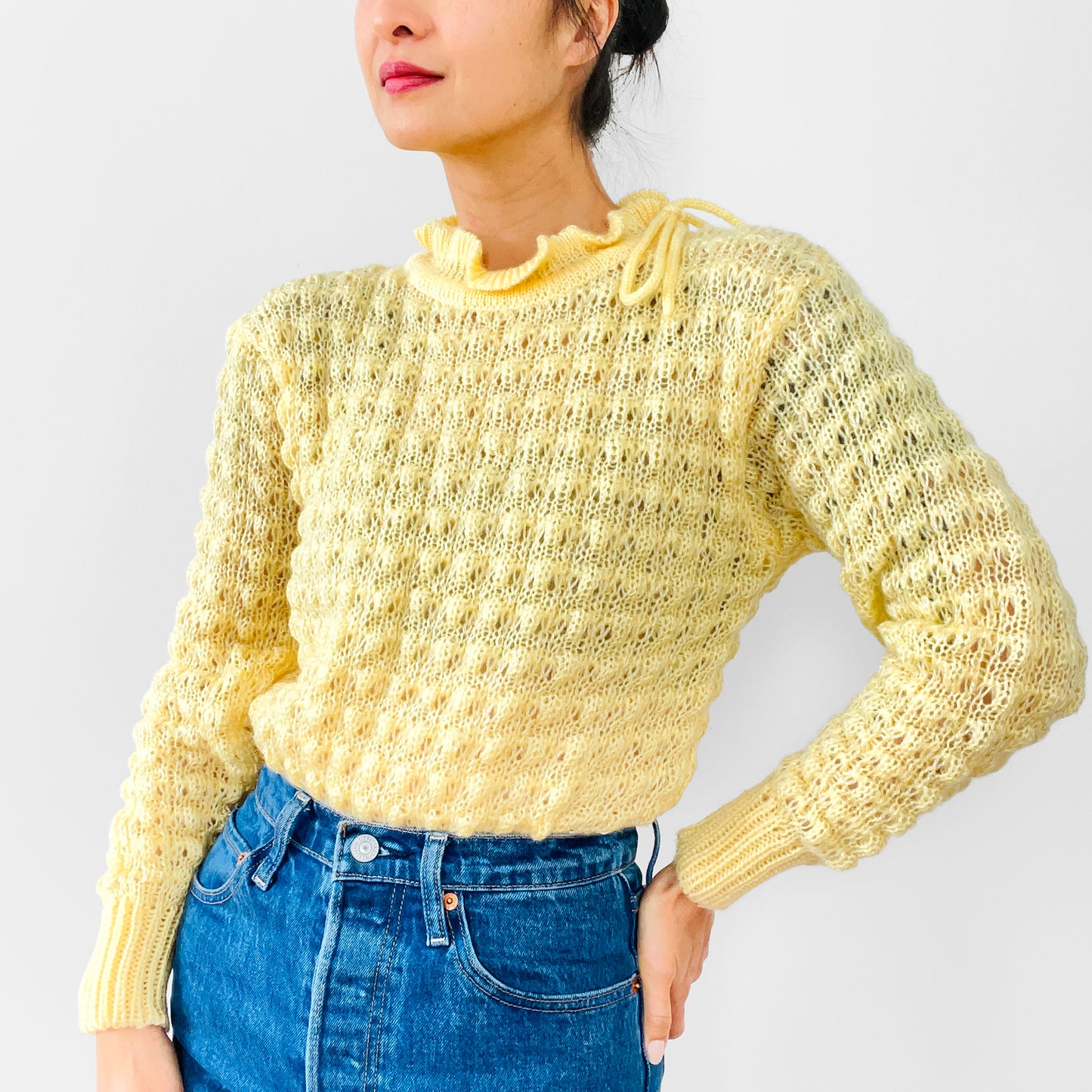 1960s Yellow Tied Ruffle-Neck Hand-Knit Long-Sleeve Pullover Sweater