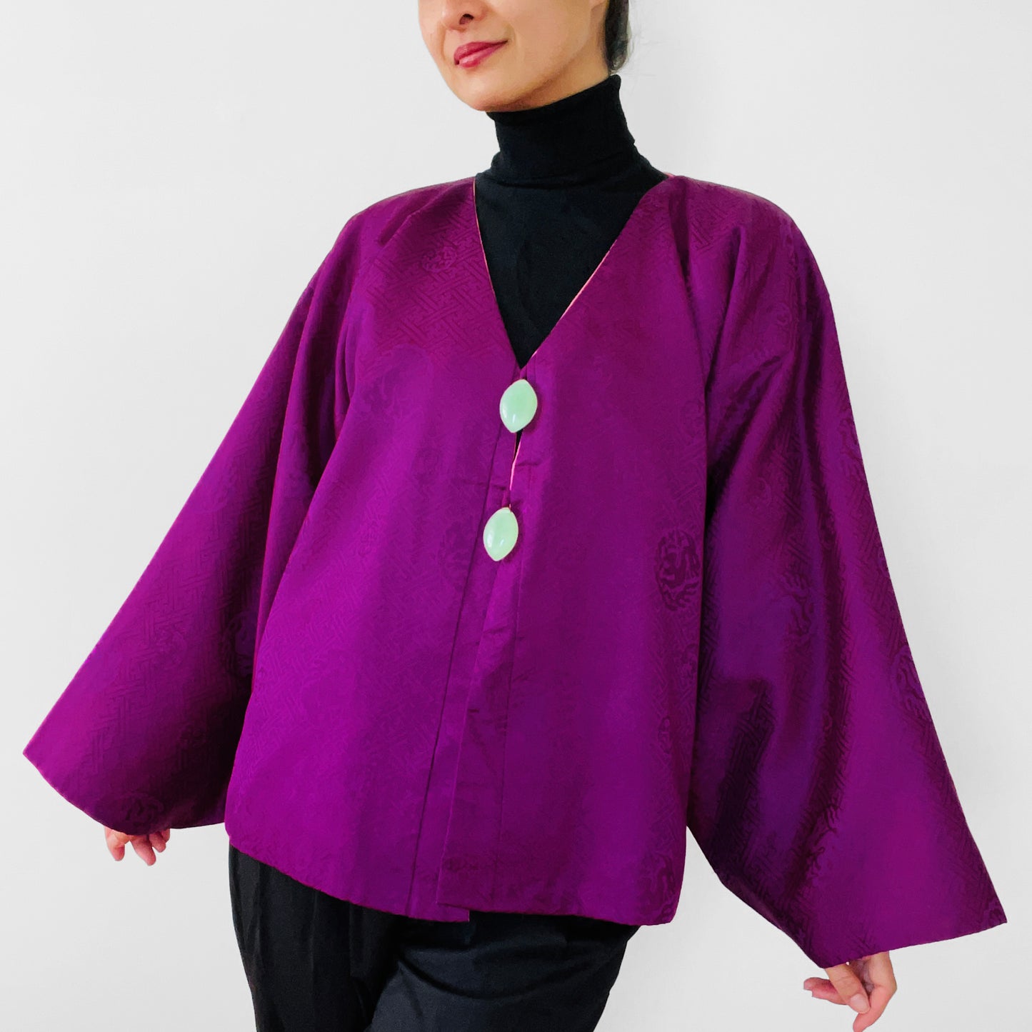 1960s Purple and Coral Silk Reversible Faux-Jade Jeweled Kimono Haori Jacket