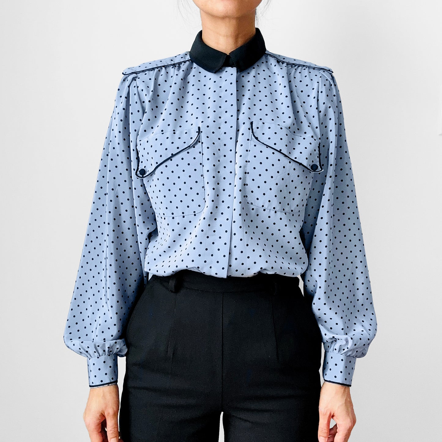 1980s Made in Canada Bluish Grey and Black Trimmed Long Sleeve Polka Dot Blouse - Sz. S